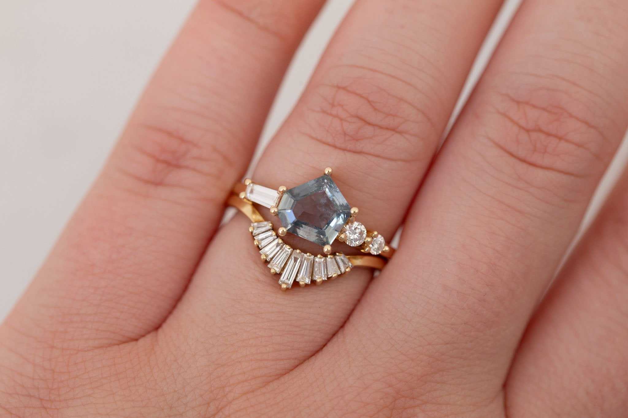Alina Ring | Blue-Grey Geometric Montana Sapphire + Diamond Cluster Engagement Ring 1.50 ct | 14k Recycled Gold | One of a Kind