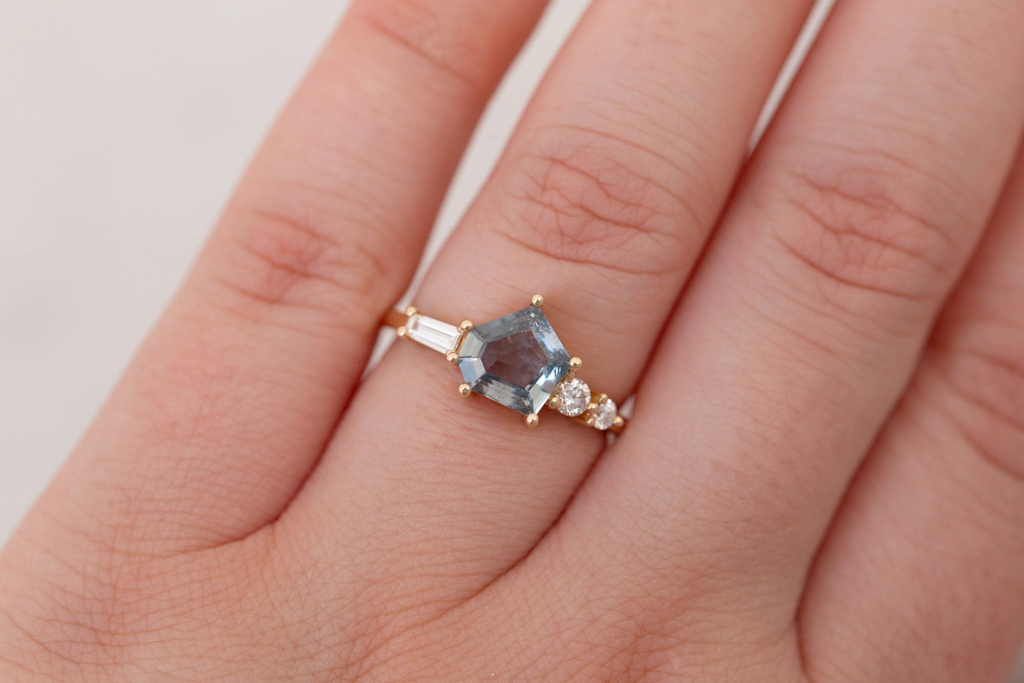 Alina Ring | Blue-Grey Geometric Montana Sapphire + Diamond Cluster Engagement Ring 1.50 ct | 14k Recycled Gold | One of a Kind