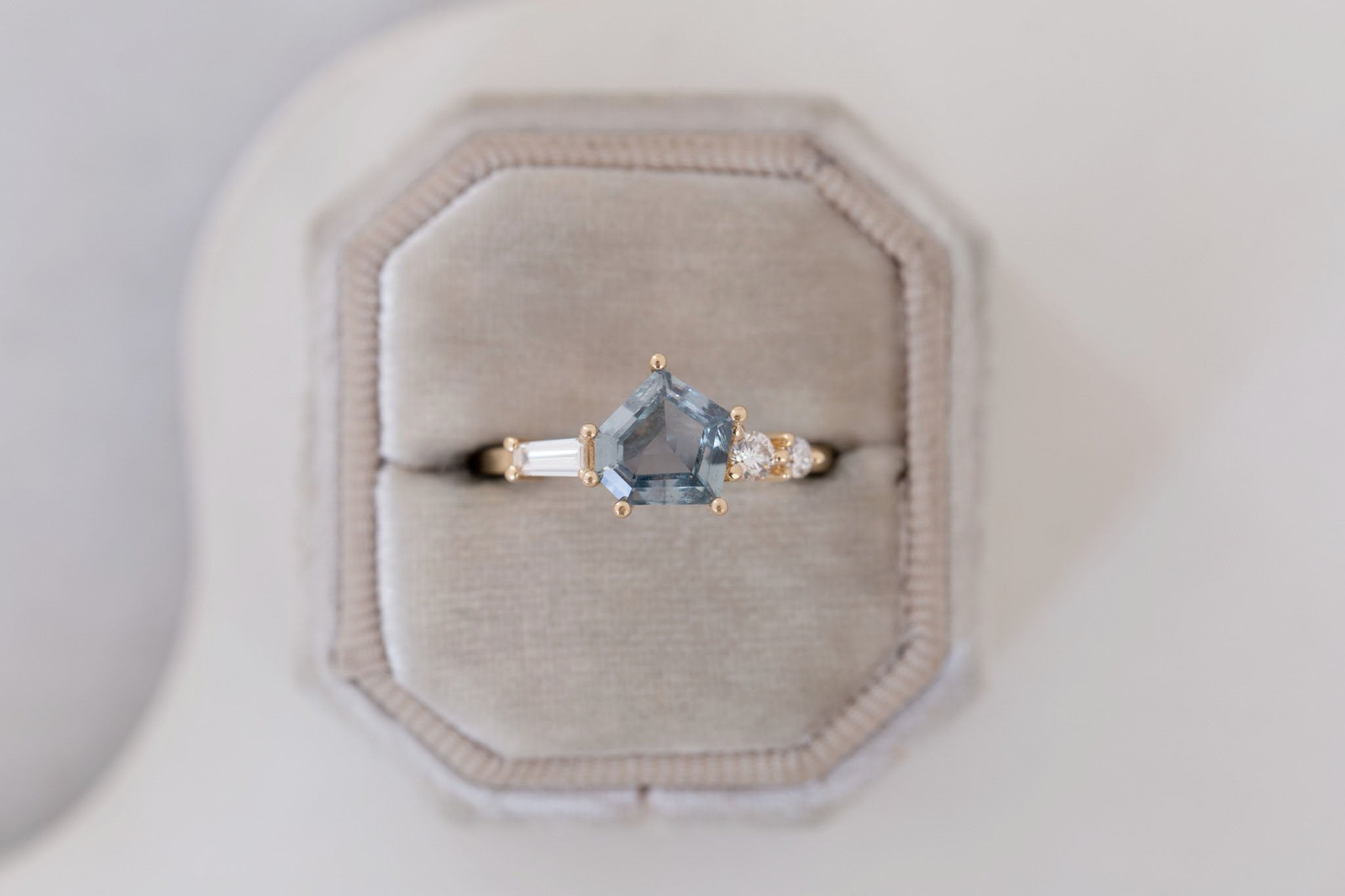 Alina Ring | Blue-Grey Geometric Montana Sapphire + Diamond Cluster Engagement Ring 1.50 ct | 14k Recycled Gold | One of a Kind