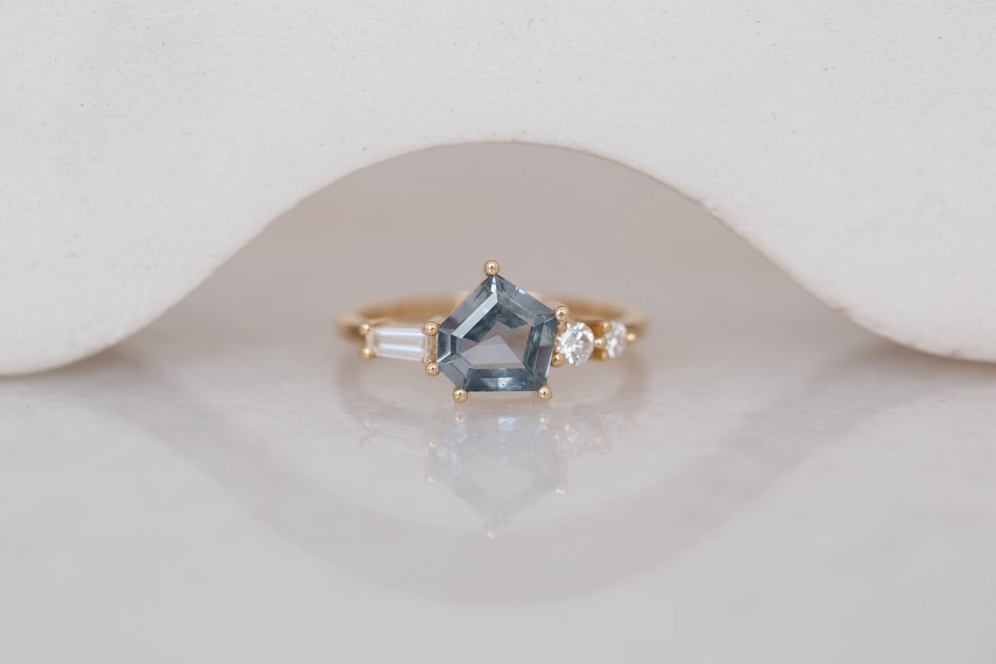 Alina Ring | Blue-Grey Geometric Montana Sapphire + Diamond Cluster Engagement Ring 1.50 ct | 14k Recycled Gold | One of a Kind