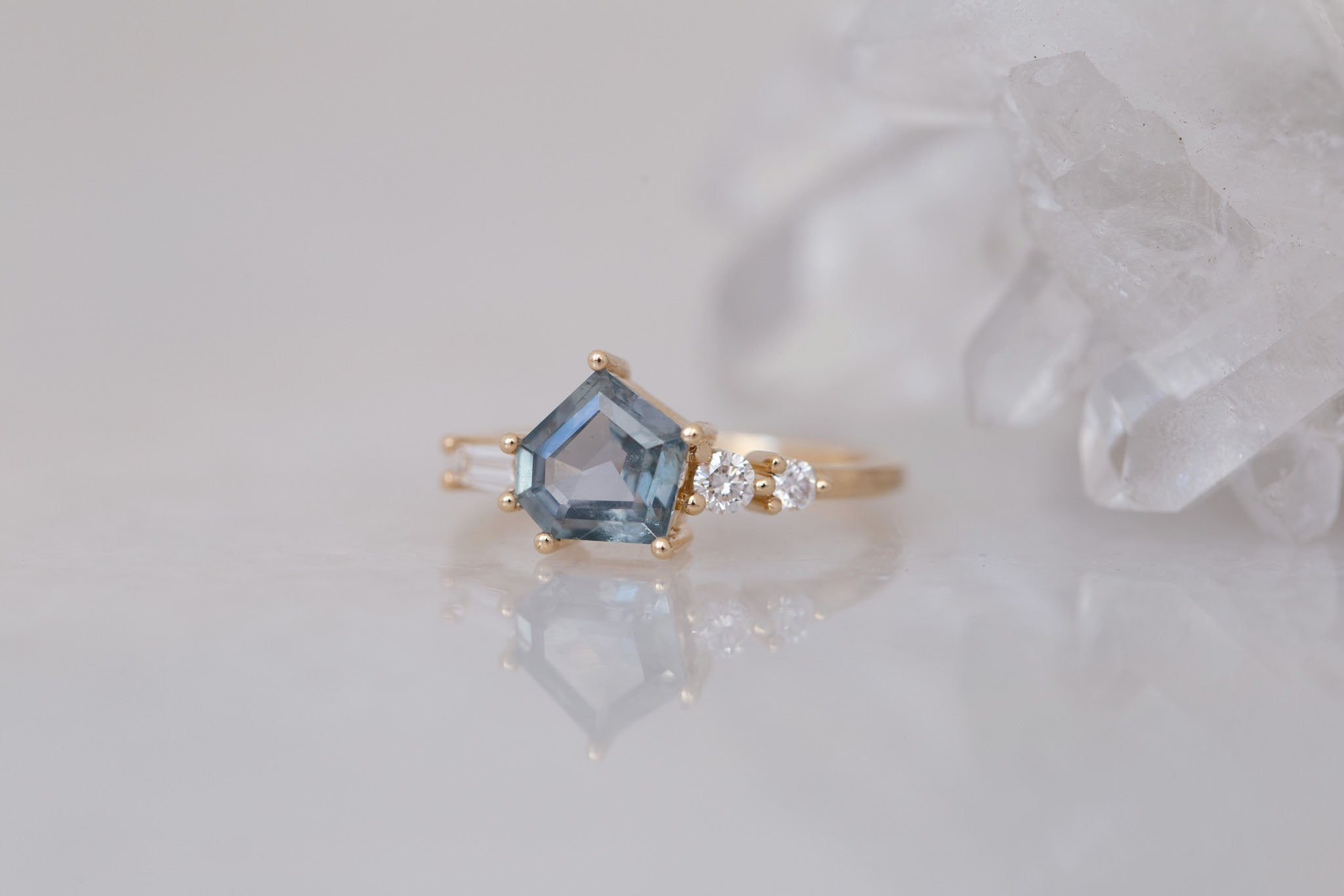 Alina Ring | Blue-Grey Geometric Montana Sapphire + Diamond Cluster Engagement Ring 1.50 ct | 14k Recycled Gold | One of a Kind