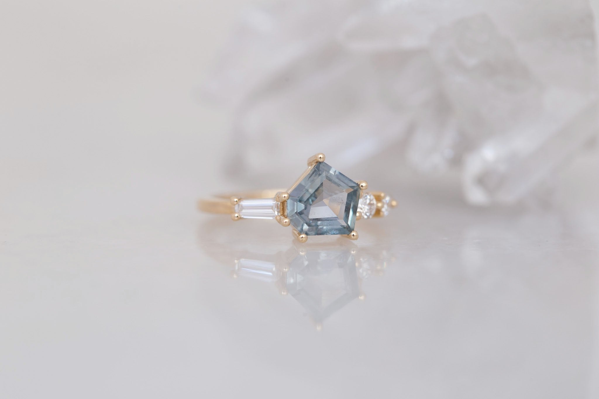 Alina Ring | Blue-Grey Geometric Montana Sapphire + Diamond Cluster Engagement Ring 1.50 ct | 14k Recycled Gold | One of a Kind