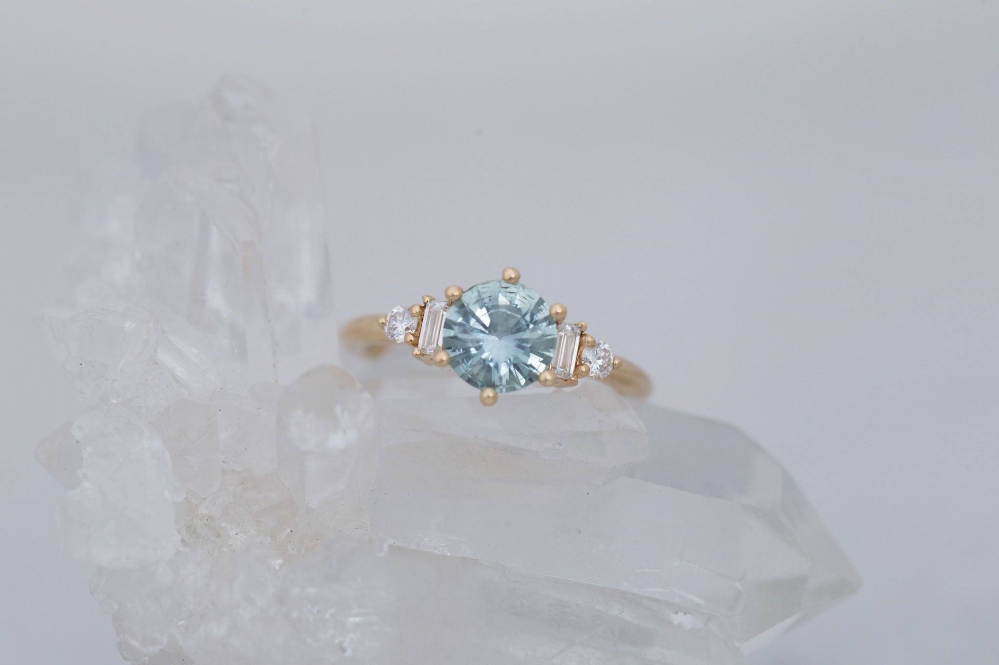 Alsea Ring | Mint Montana Sapphire + Baguette and Round Diamond Accent Engagement Ring 1.50 ct | 14k Recycled Gold | One of a Kind