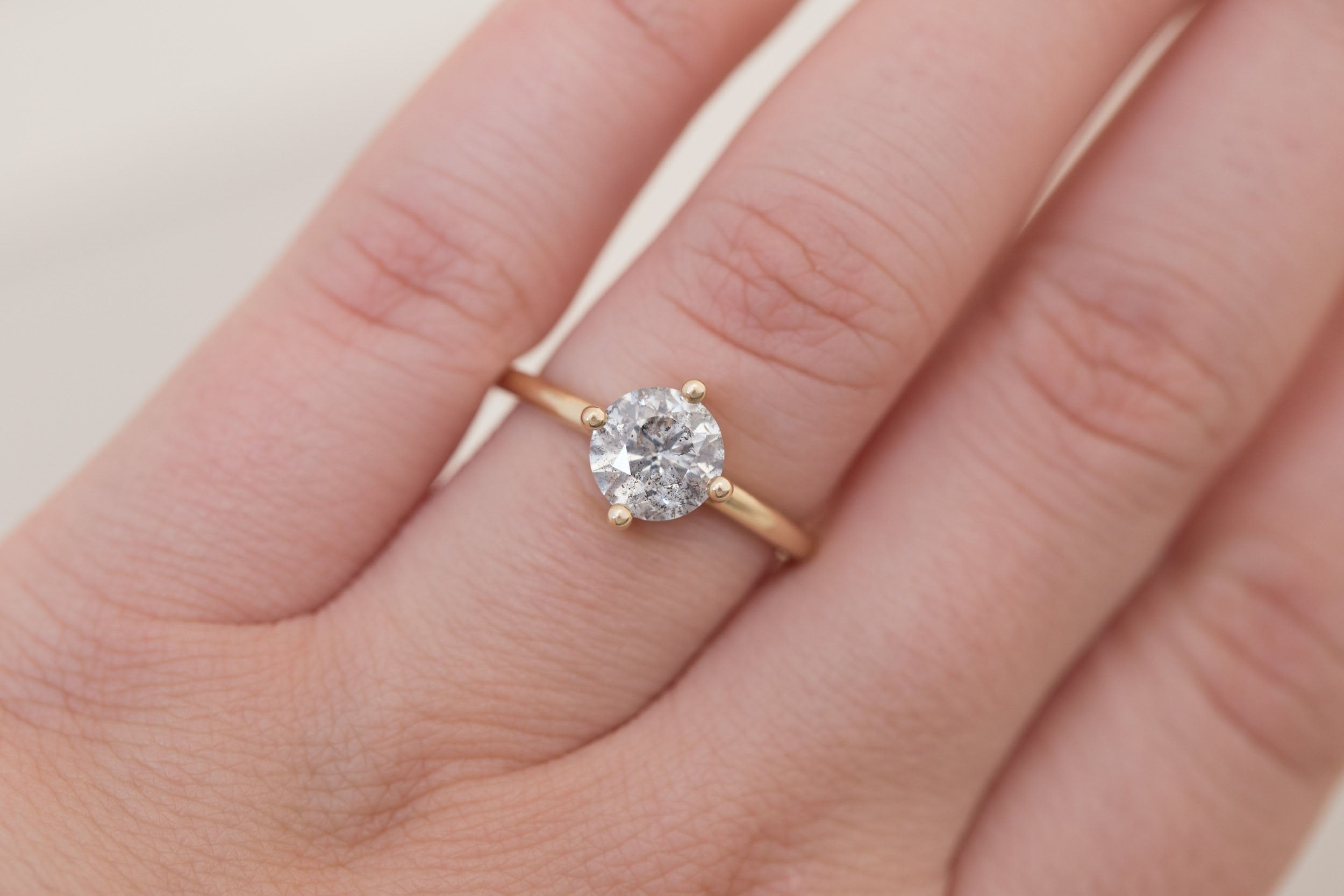 Leta Ring | Salt and Pepper Round Diamond Compass Set Solitaire Engagement Ring 1.50 ct | 14k Recycled Gold | One of a Kind