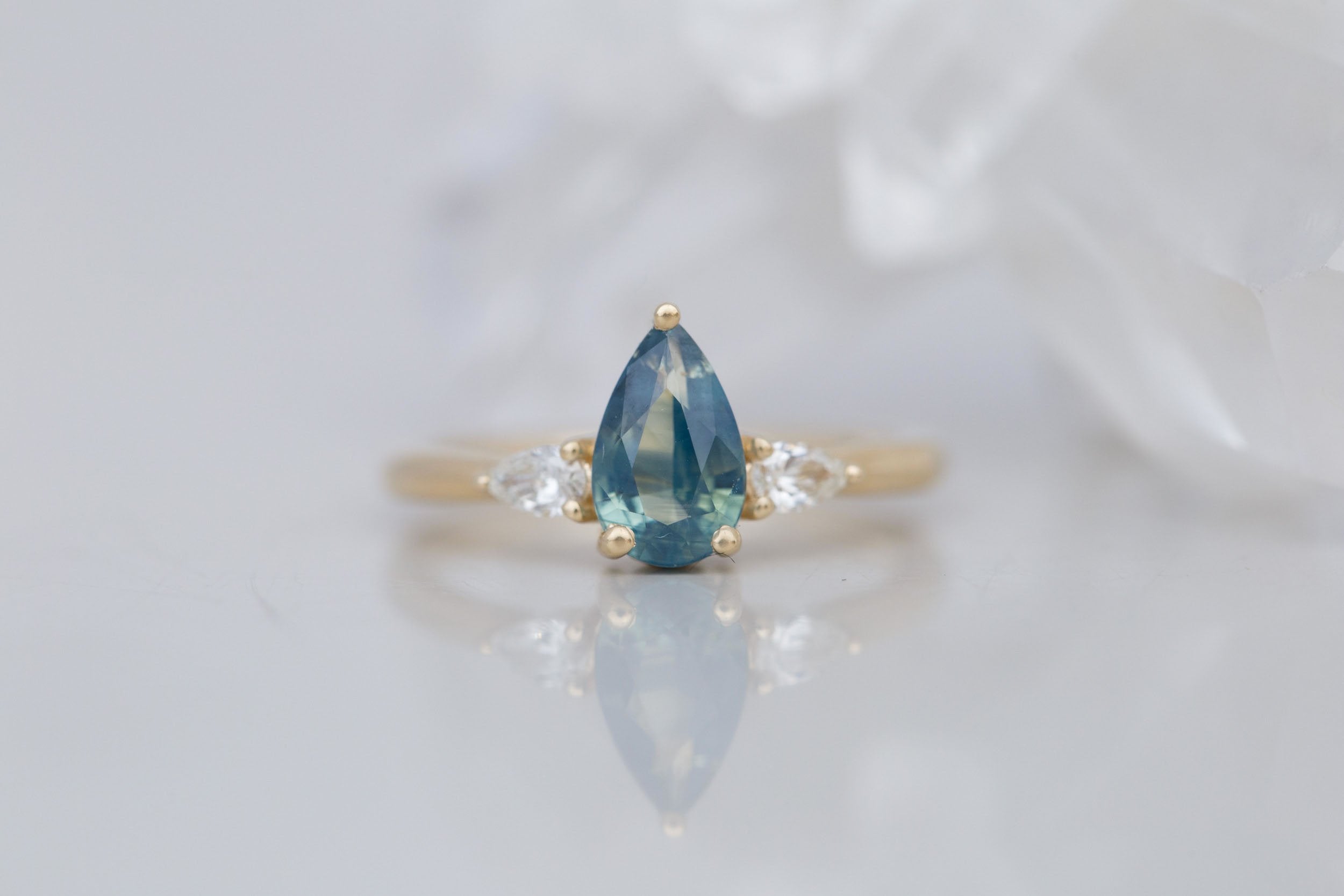 Iris Ring | Teal Pear Sapphire + Pear Diamond Accent Engagement Ring 1.50 ct | 14k Recycled Gold | One of a Kind