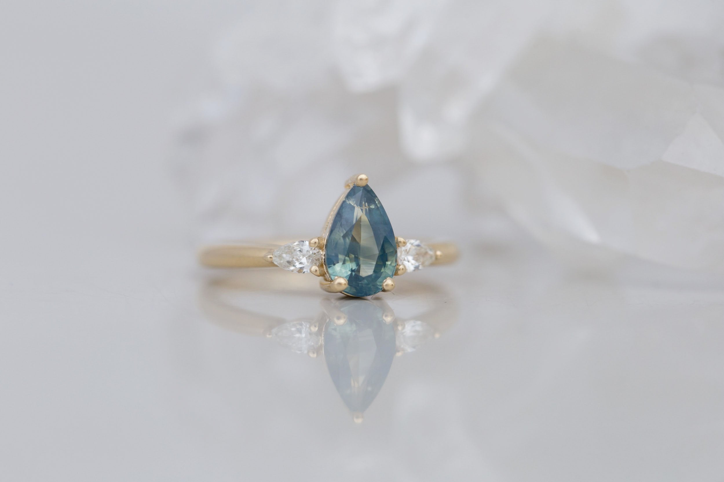 Iris Ring | Teal Pear Sapphire + Pear Diamond Accent Engagement Ring 1.50 ct | 14k Recycled Gold | One of a Kind