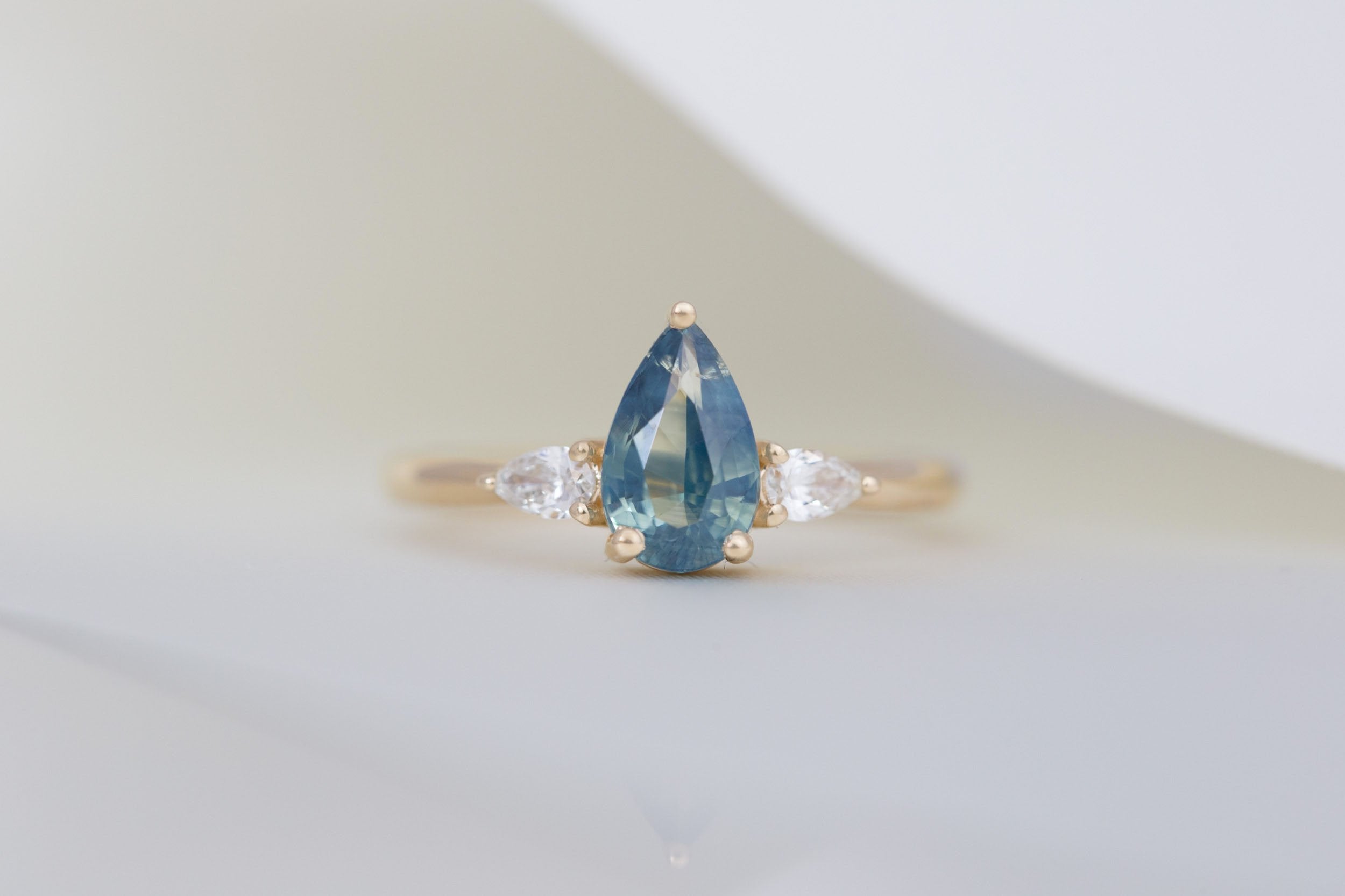Iris Ring | Teal Pear Sapphire + Pear Diamond Accent Engagement Ring 1.50 ct | 14k Recycled Gold | One of a Kind