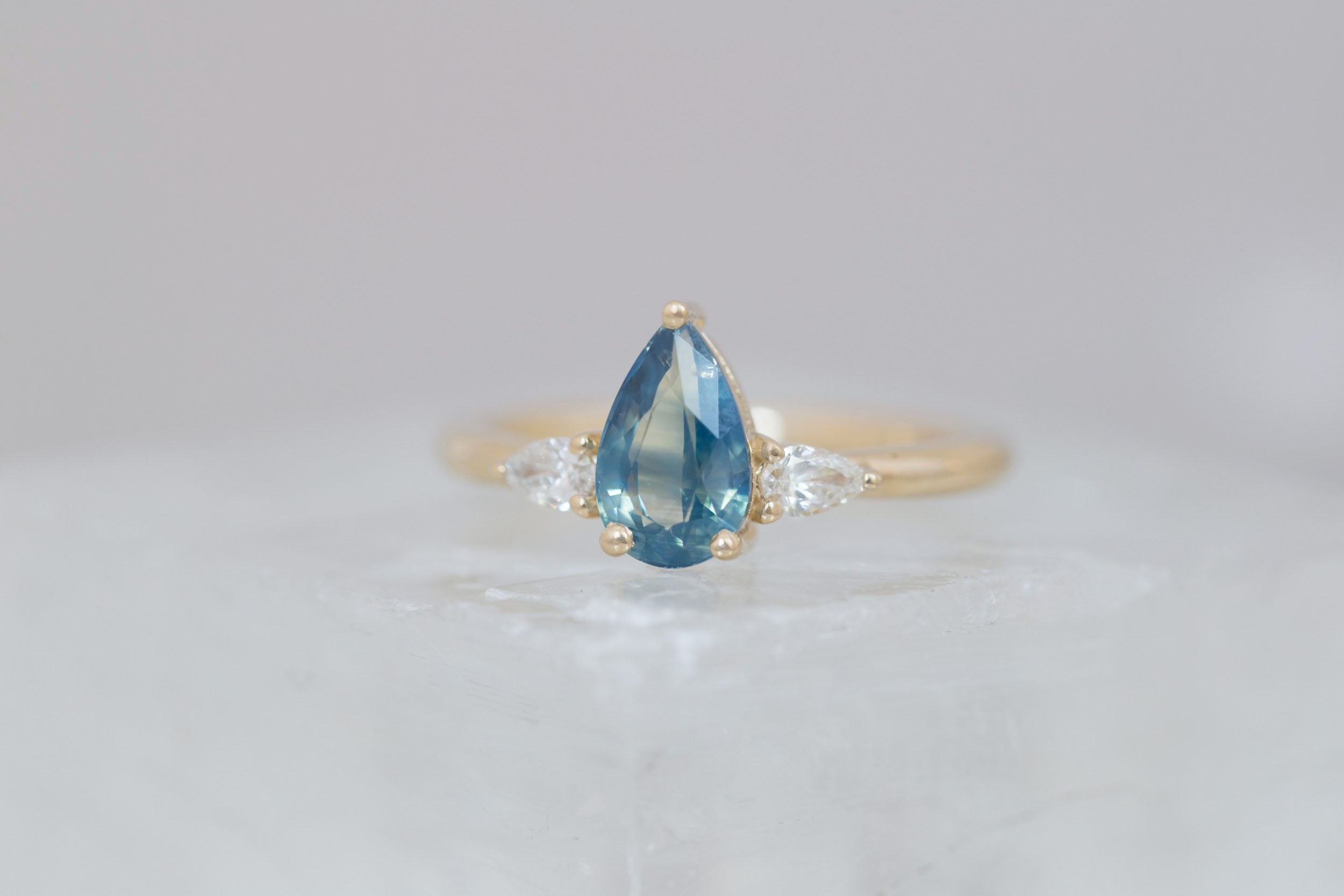 Iris Ring | Teal Pear Sapphire + Pear Diamond Accent Engagement Ring 1.50 ct | 14k Recycled Gold | One of a Kind