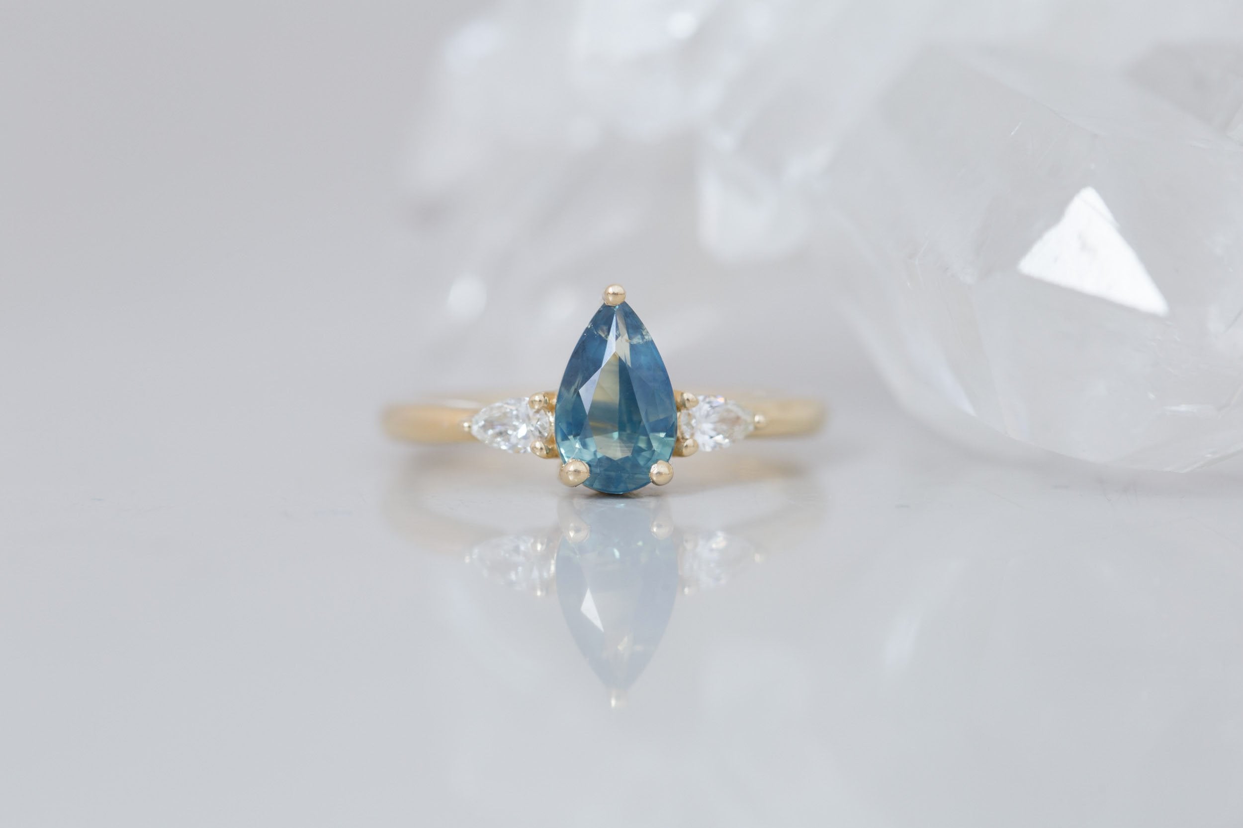 Iris Ring | Teal Pear Sapphire + Pear Diamond Accent Engagement Ring 1.50 ct | 14k Recycled Gold | One of a Kind