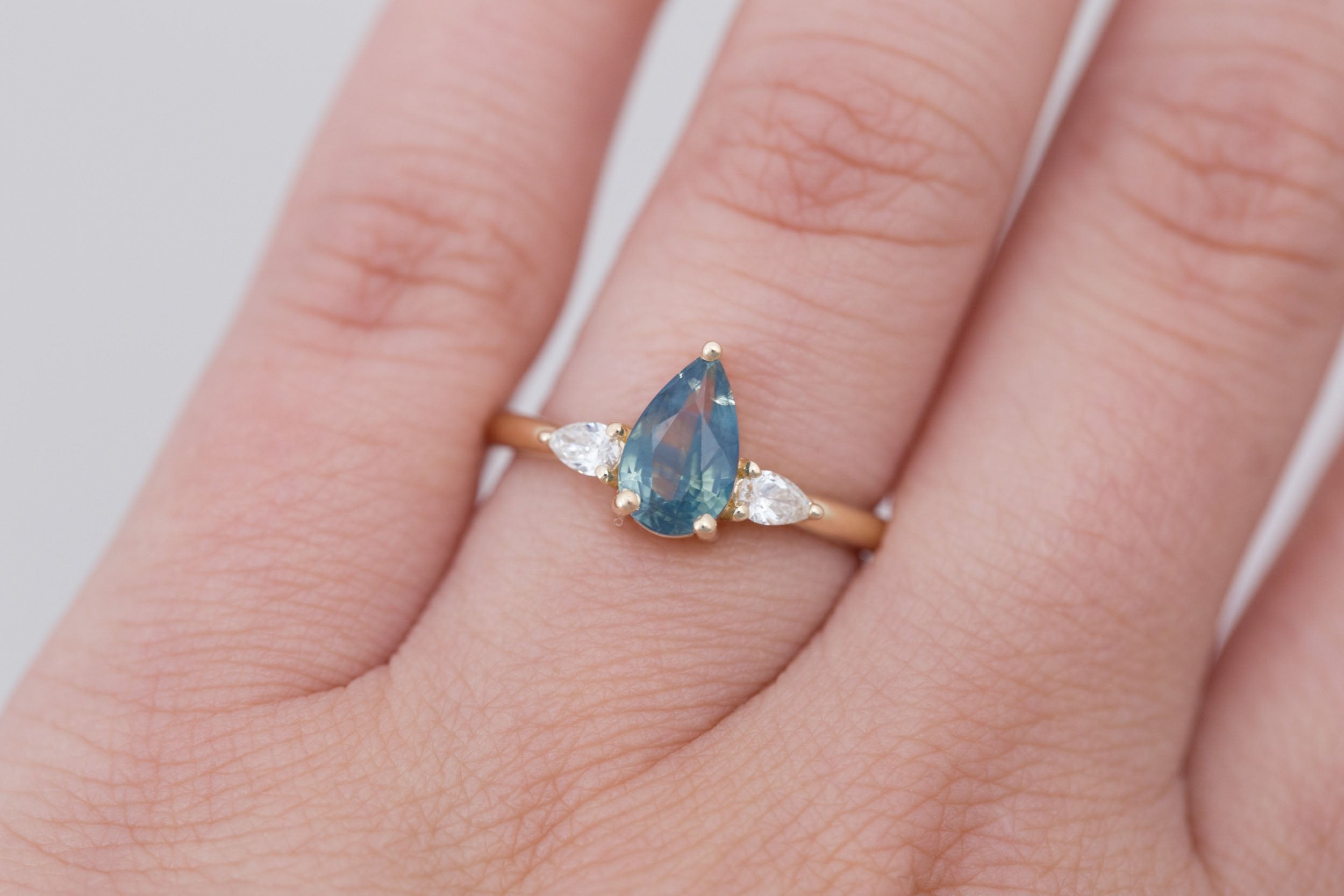 Iris Ring | Teal Pear Sapphire + Pear Diamond Accent Engagement Ring 1.50 ct | 14k Recycled Gold | One of a Kind