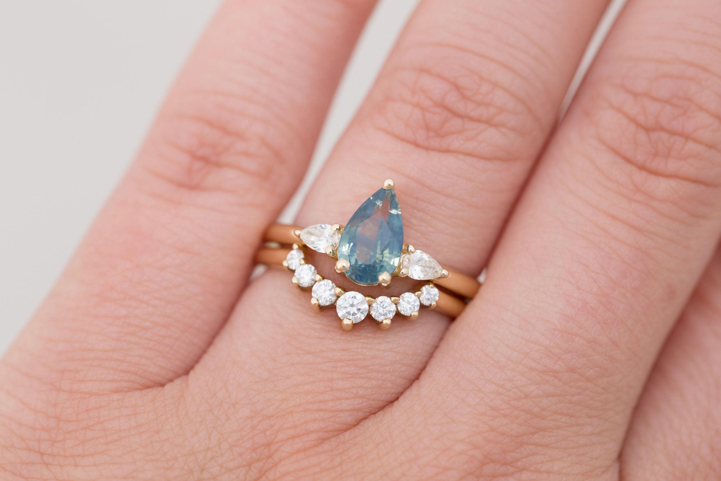 Iris Ring | Teal Pear Sapphire + Pear Diamond Accent Engagement Ring 1.50 ct | 14k Recycled Gold | One of a Kind
