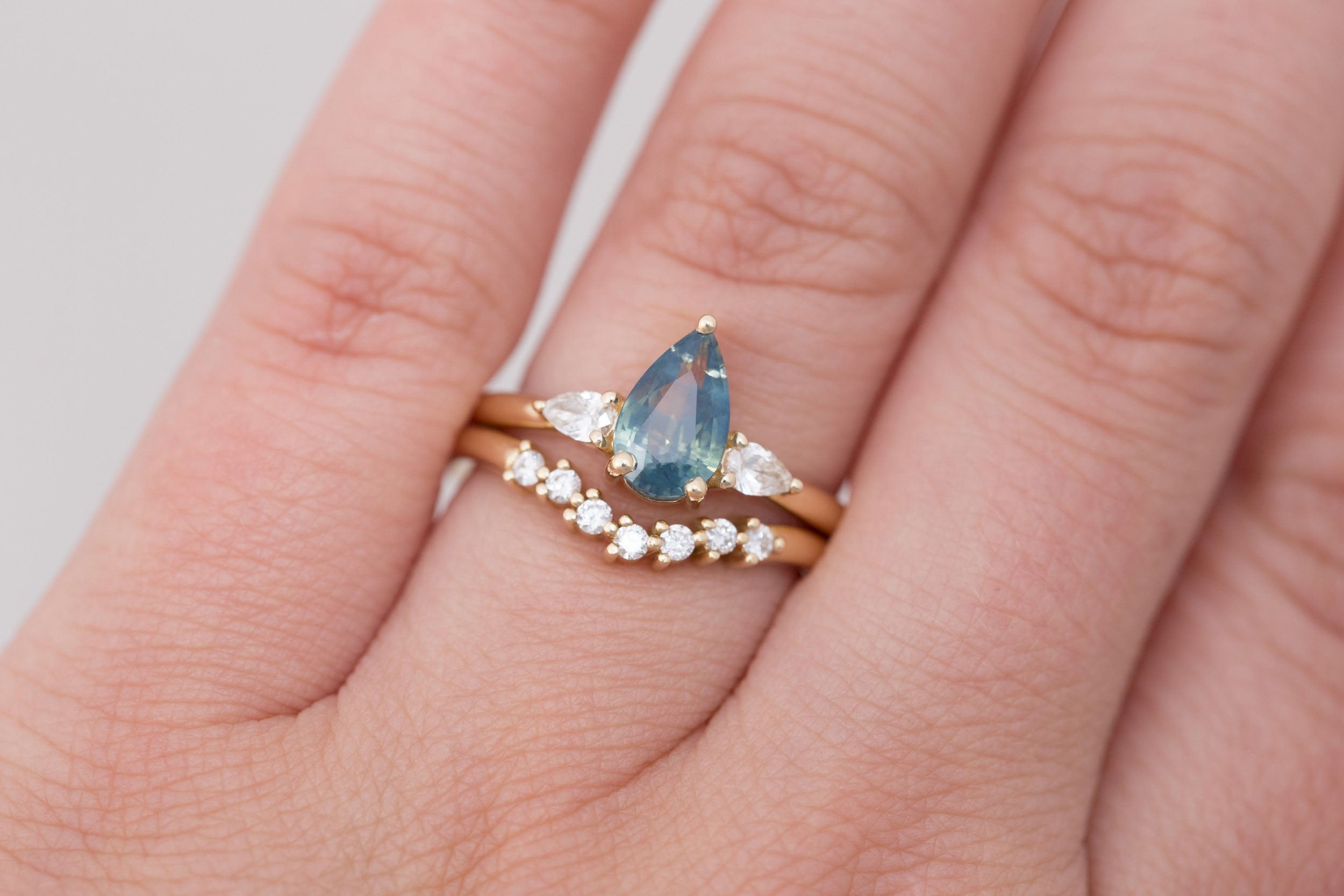 Iris Ring | Teal Pear Sapphire + Pear Diamond Accent Engagement Ring 1.50 ct | 14k Recycled Gold | One of a Kind