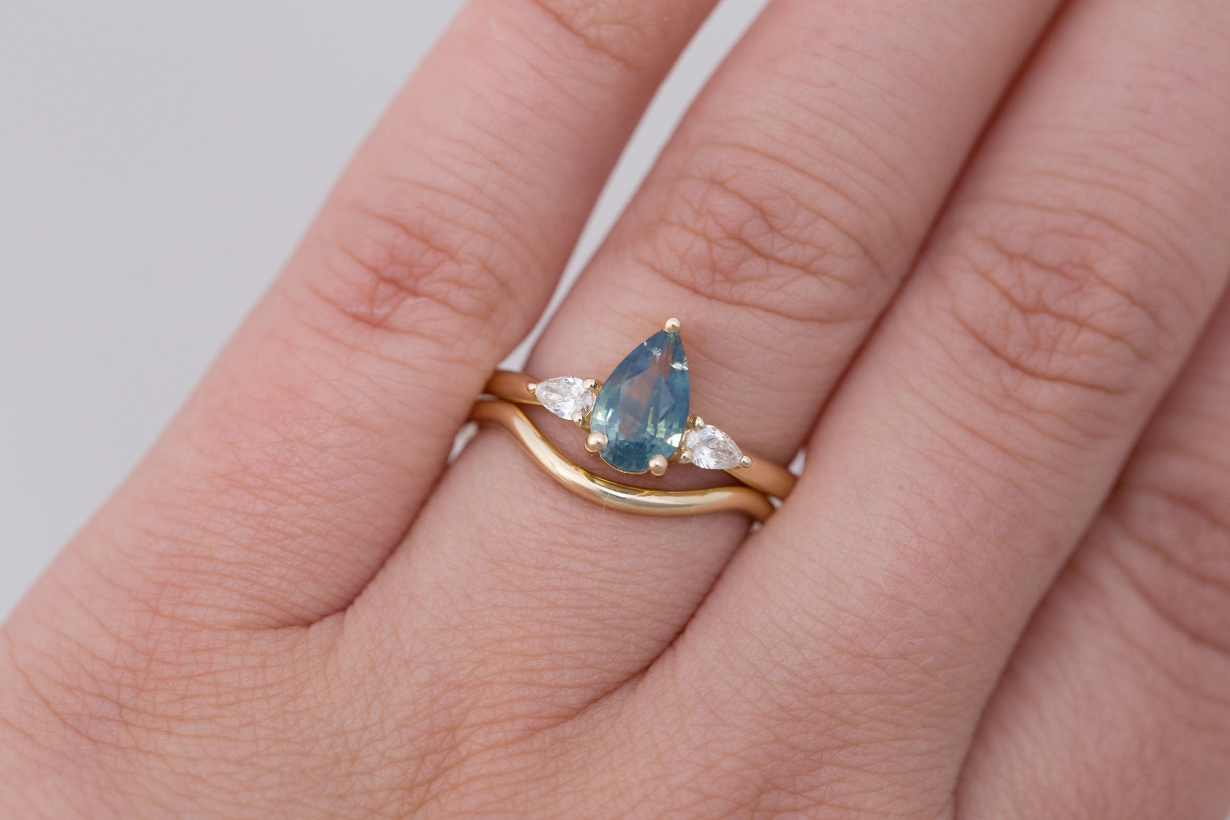 Iris Ring | Teal Pear Sapphire + Pear Diamond Accent Engagement Ring 1.50 ct | 14k Recycled Gold | One of a Kind