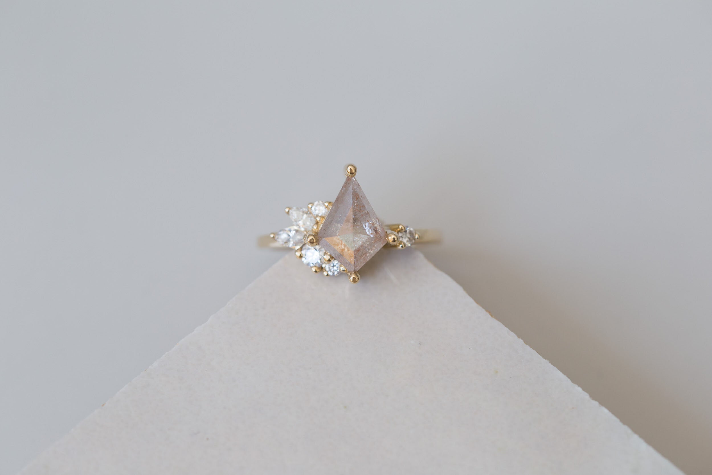 Alden Ring | Peachy Grey Diamond Kite + Diamond Cluster Engagement Ring 1.51 ct | 14k Recycled Gold | One of a Kind