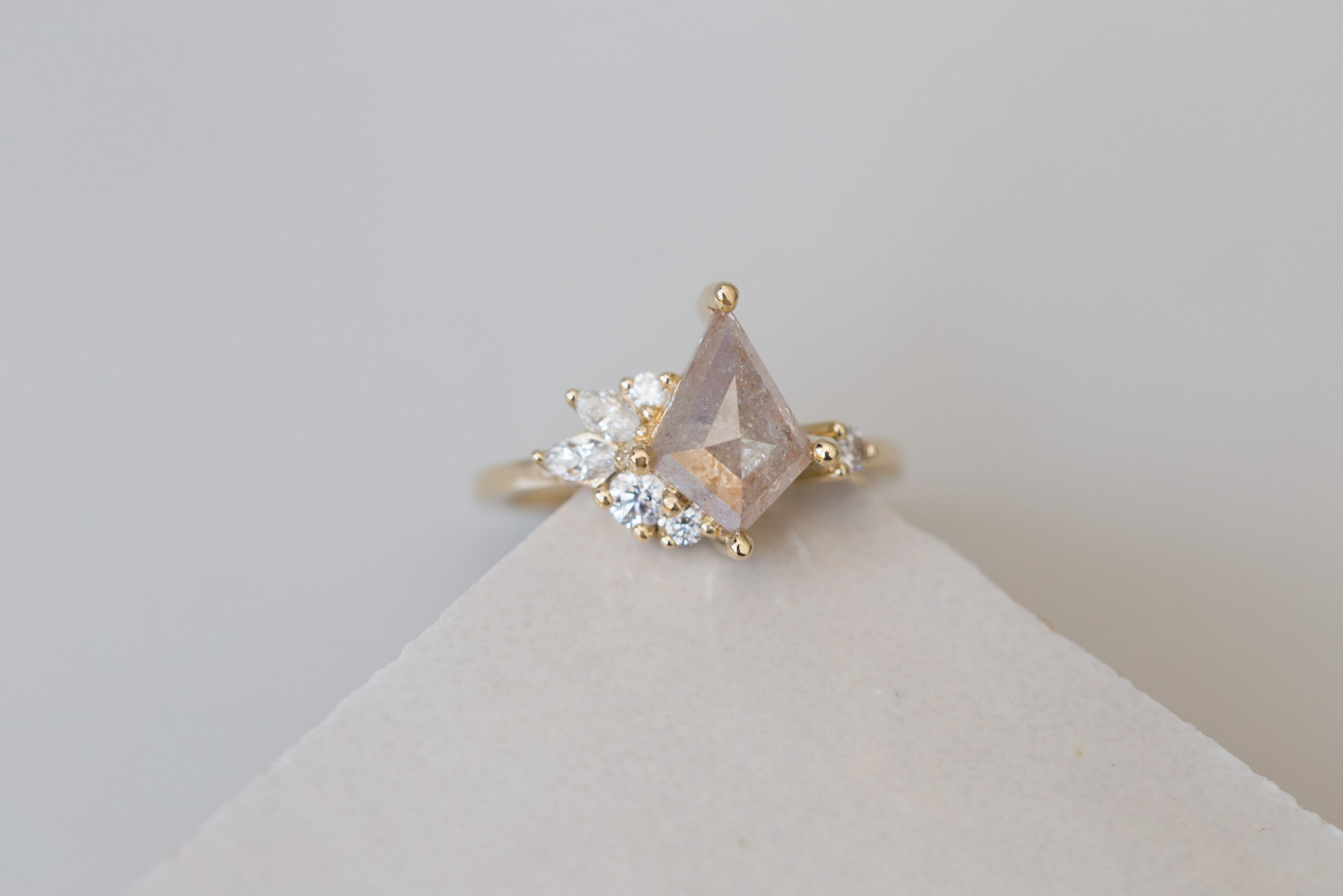 Alden Ring | Peachy Grey Diamond Kite + Diamond Cluster Engagement Ring 1.51 ct | 14k Recycled Gold | One of a Kind