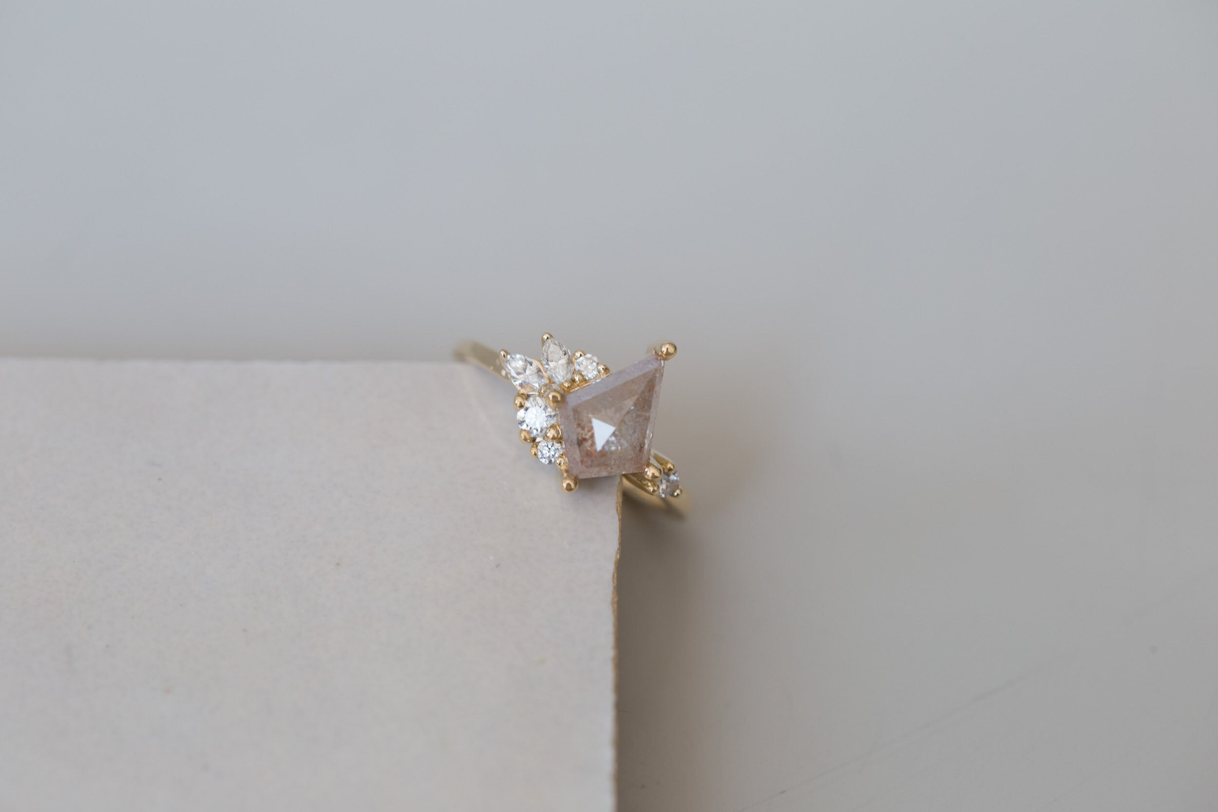 Alden Ring | Peachy Grey Diamond Kite + Diamond Cluster Engagement Ring 1.51 ct | 14k Recycled Gold | One of a Kind