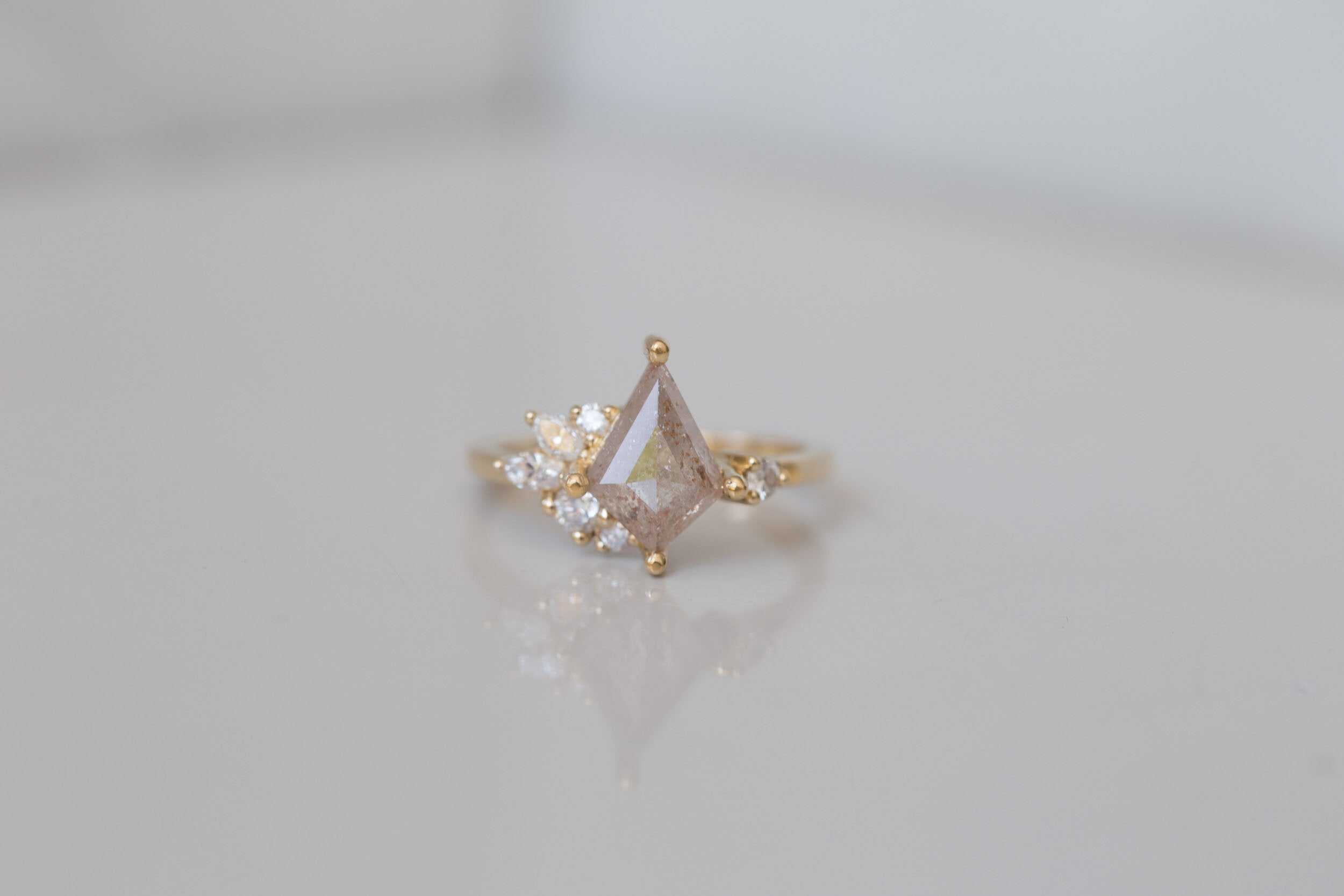 Alden Ring | Peachy Grey Diamond Kite + Diamond Cluster Engagement Ring 1.51 ct | 14k Recycled Gold | One of a Kind