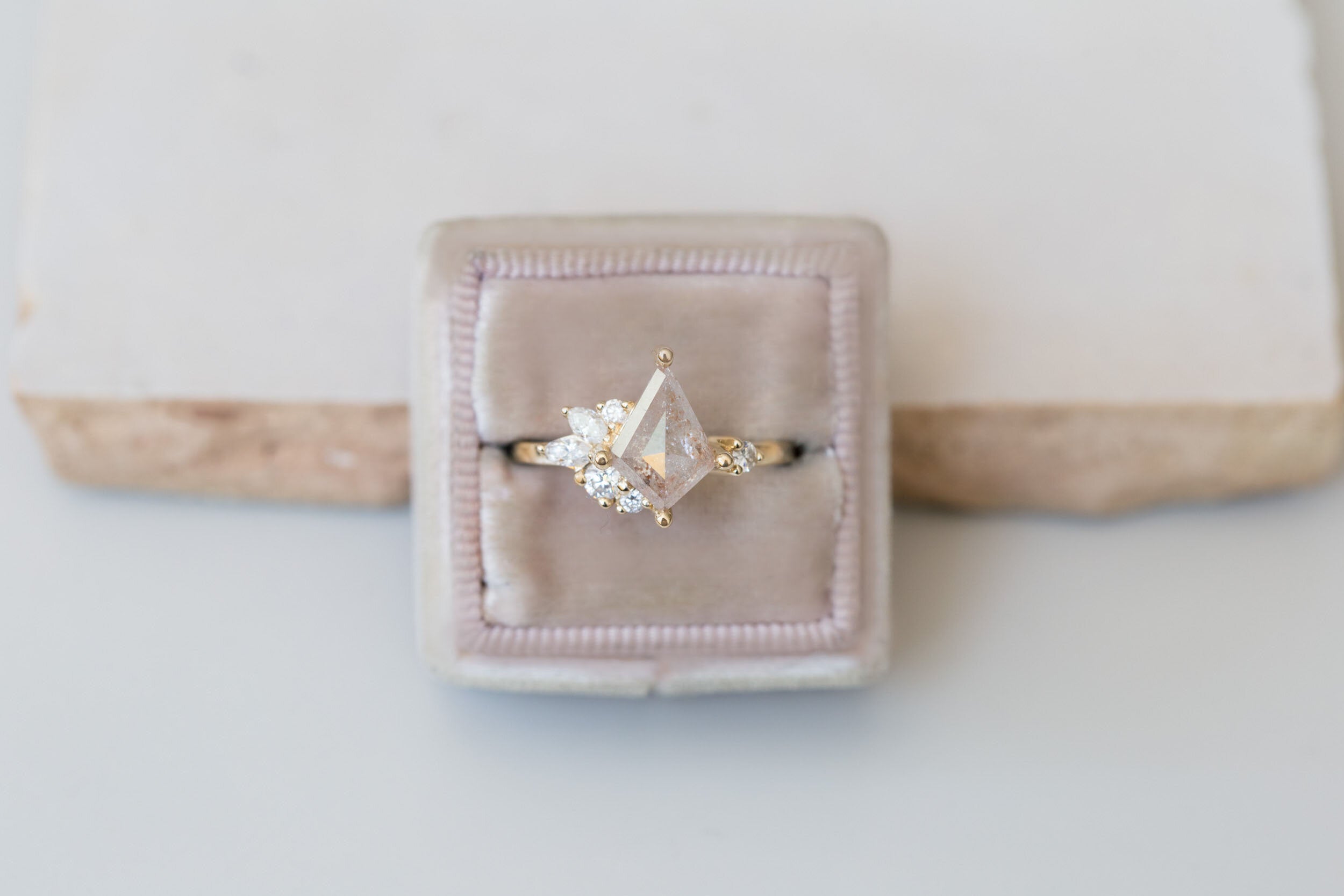 Alden Ring | Peachy Grey Diamond Kite + Diamond Cluster Engagement Ring 1.51 ct | 14k Recycled Gold | One of a Kind
