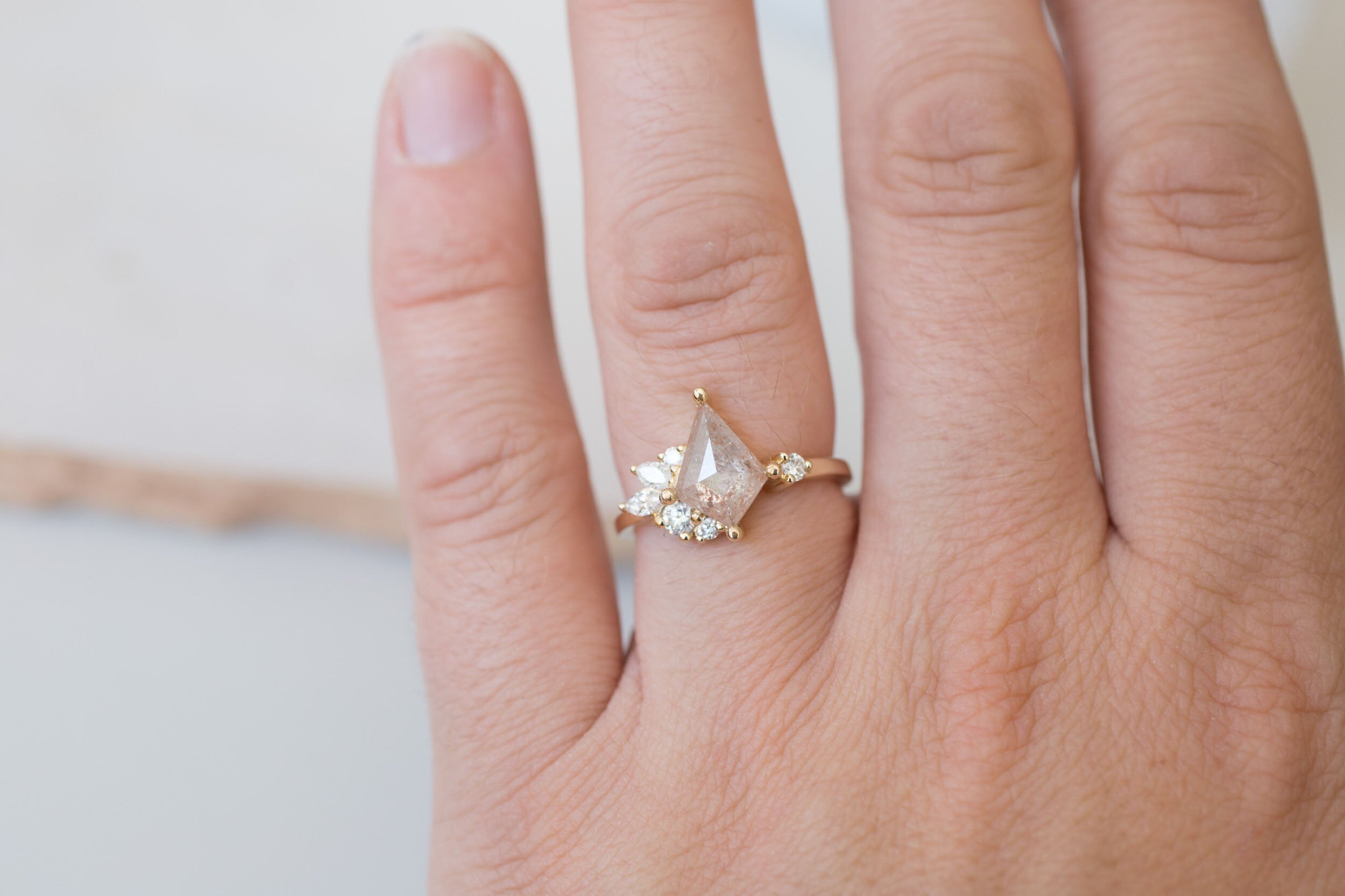 Alden Ring | Peachy Grey Diamond Kite + Diamond Cluster Engagement Ring 1.51 ct | 14k Recycled Gold | One of a Kind