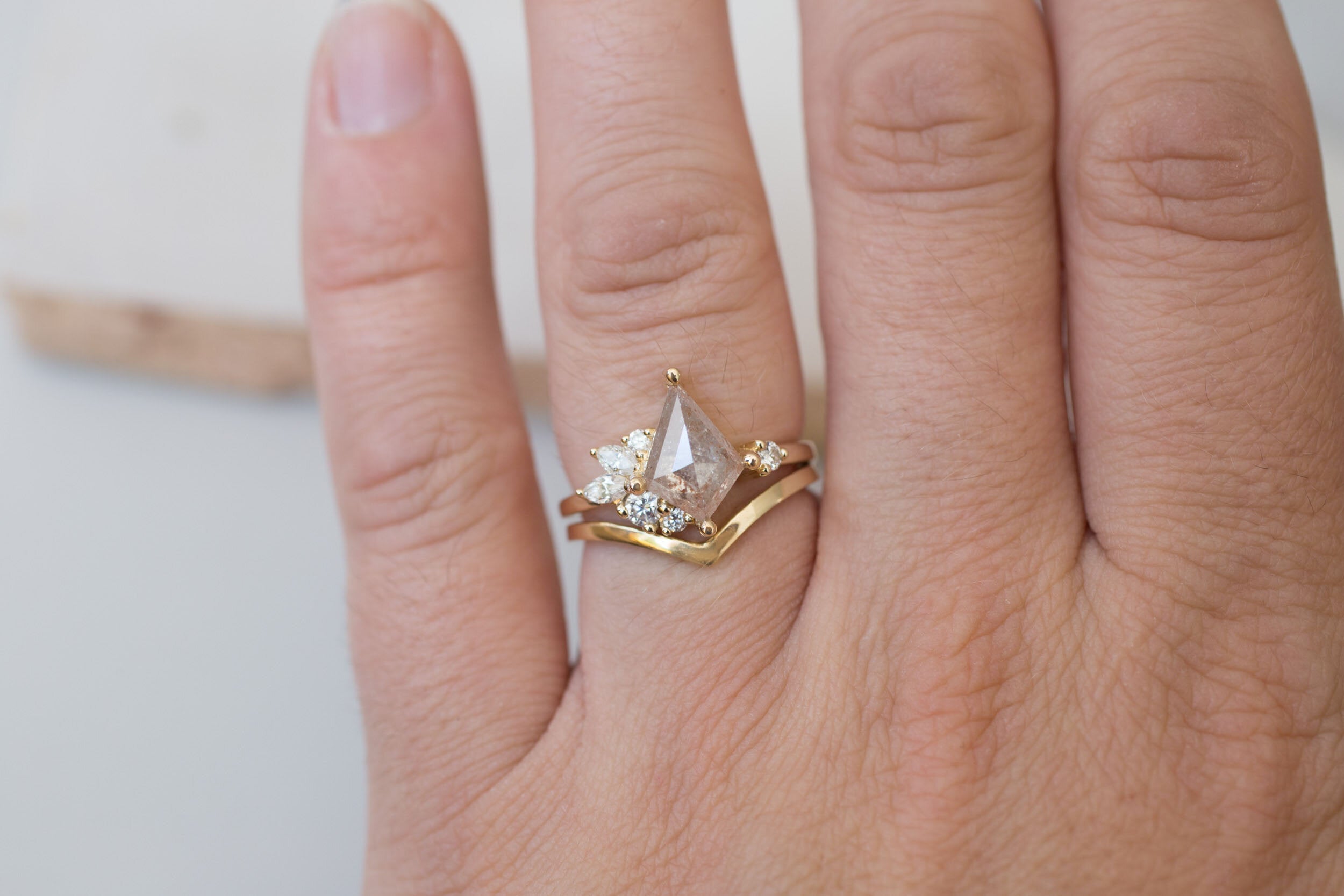 Alden Ring | Peachy Grey Diamond Kite + Diamond Cluster Engagement Ring 1.51 ct | 14k Recycled Gold | One of a Kind