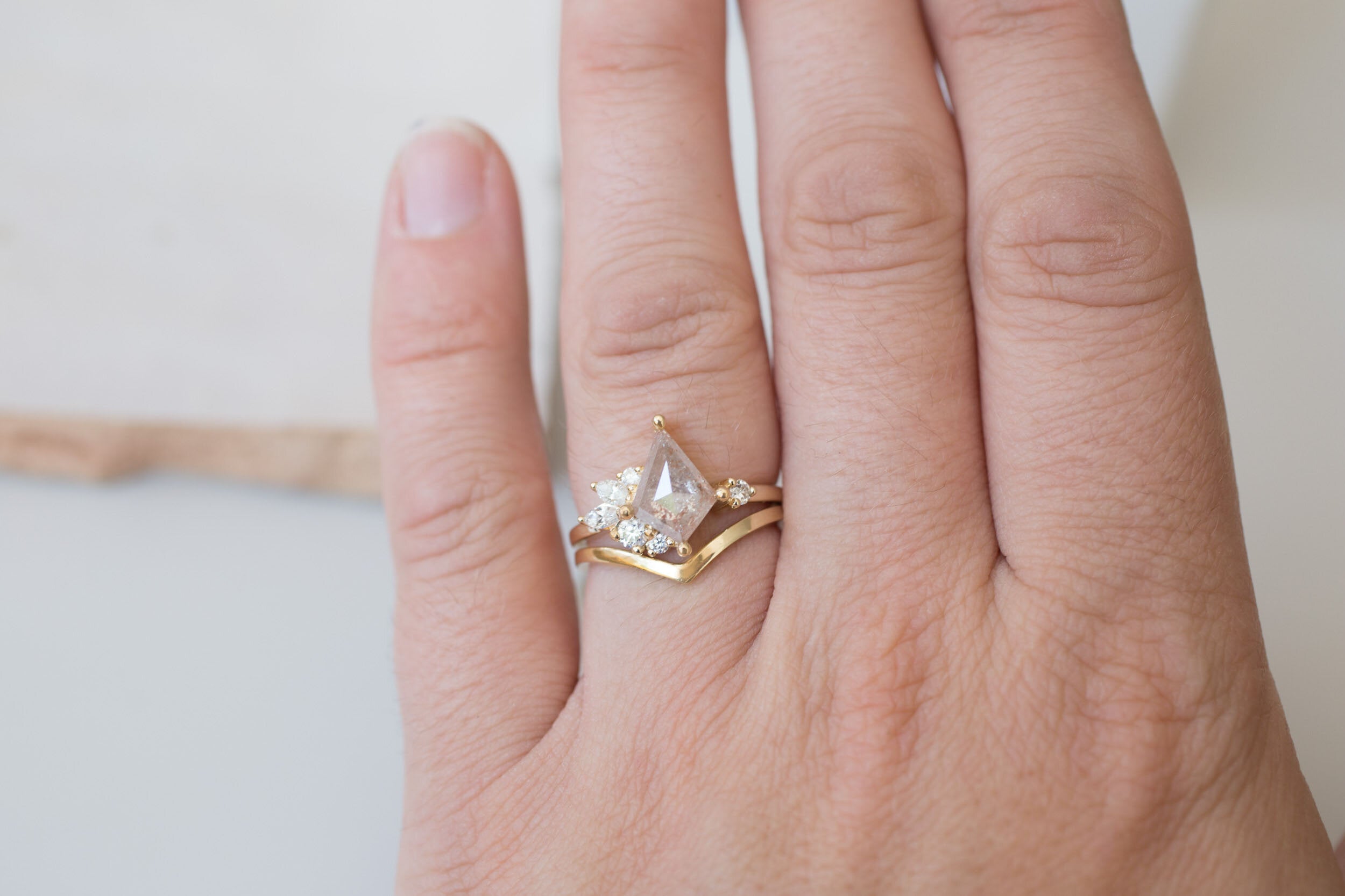 Alden Ring | Peachy Grey Diamond Kite + Diamond Cluster Engagement Ring 1.51 ct | 14k Recycled Gold | One of a Kind