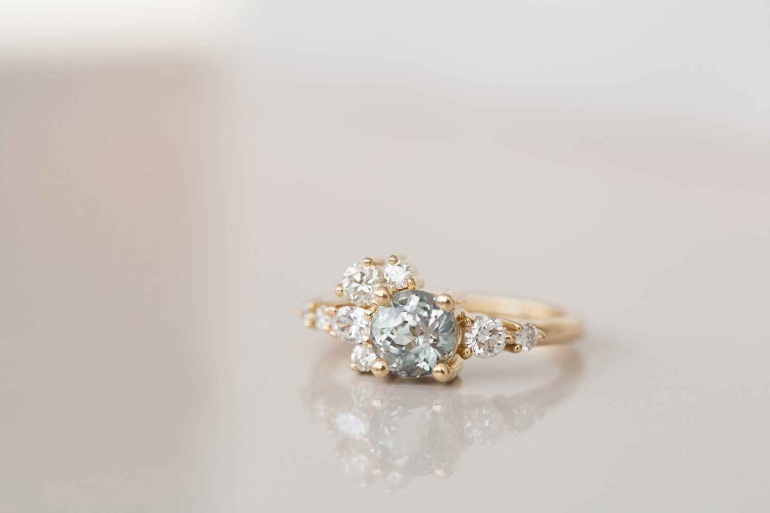 Ilia Ring | Blue Green Round Sapphire + Diamond Cluster Engagement Ring | 14k Recycled Gold | One of a Kind