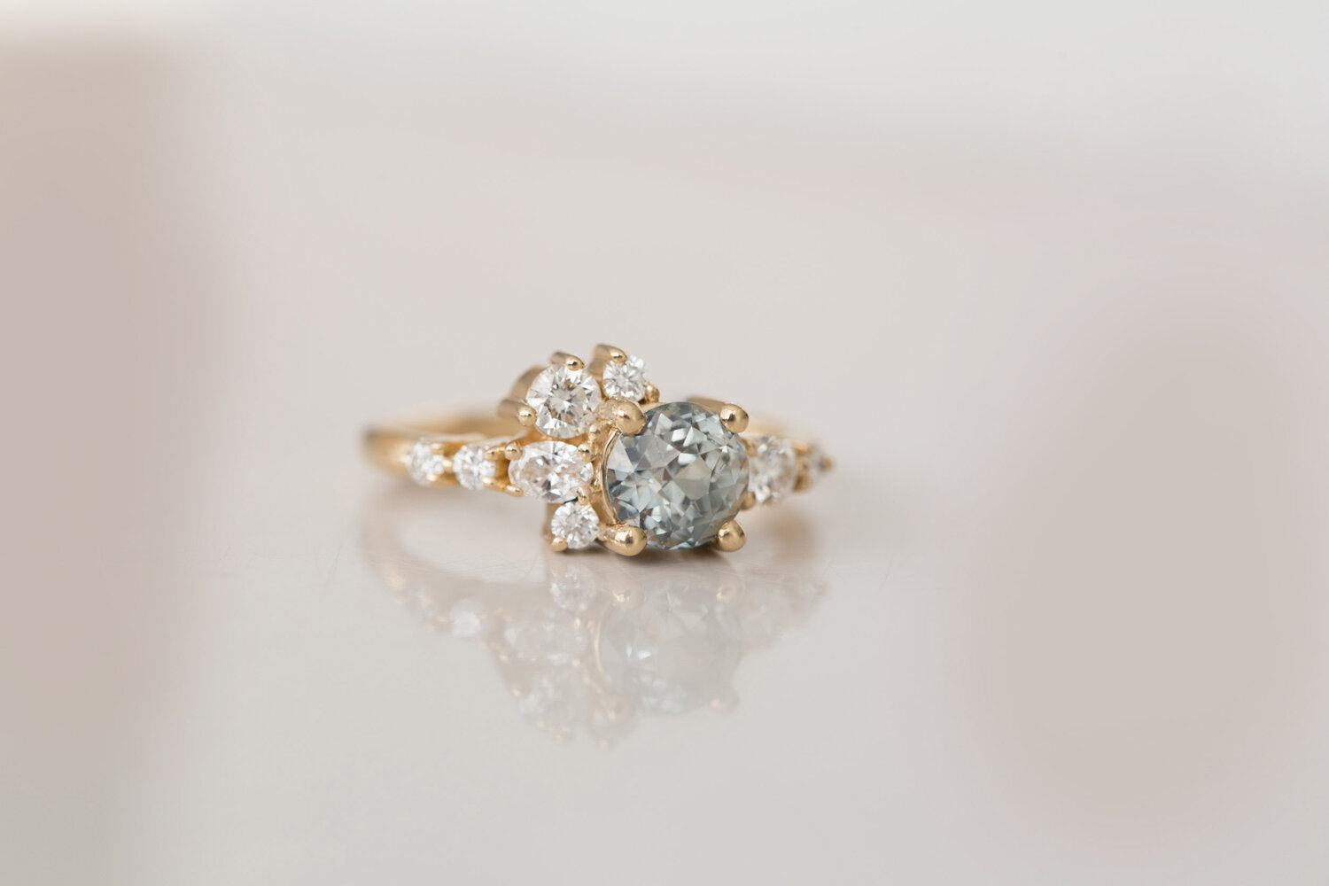 Ilia Ring | Blue Green Round Sapphire + Diamond Cluster Engagement Ring | 14k Recycled Gold | One of a Kind