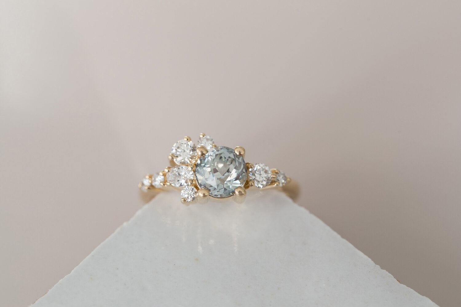 Ilia Ring | Blue Green Round Sapphire + Diamond Cluster Engagement Ring | 14k Recycled Gold | One of a Kind