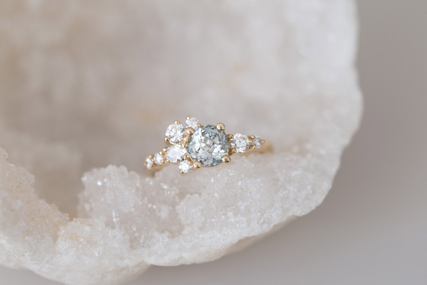 Ilia Ring | Blue Green Round Sapphire + Diamond Cluster Engagement Ring | 14k Recycled Gold | One of a Kind