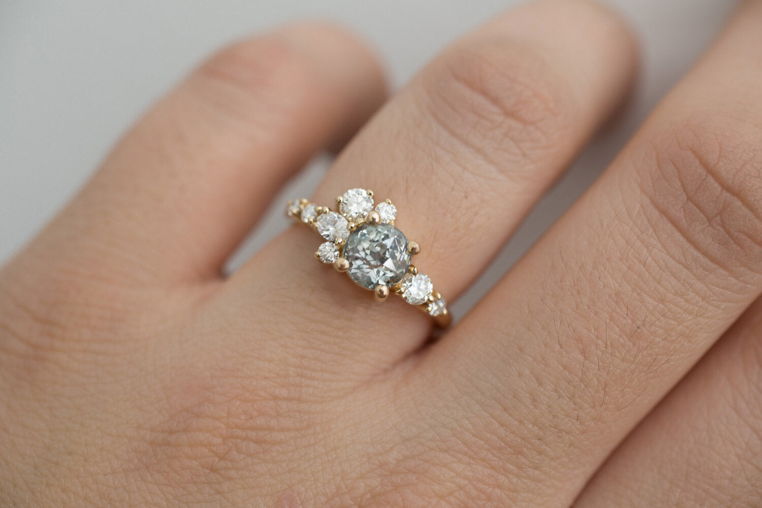 Ilia Ring | Blue Green Round Sapphire + Diamond Cluster Engagement Ring | 14k Recycled Gold | One of a Kind