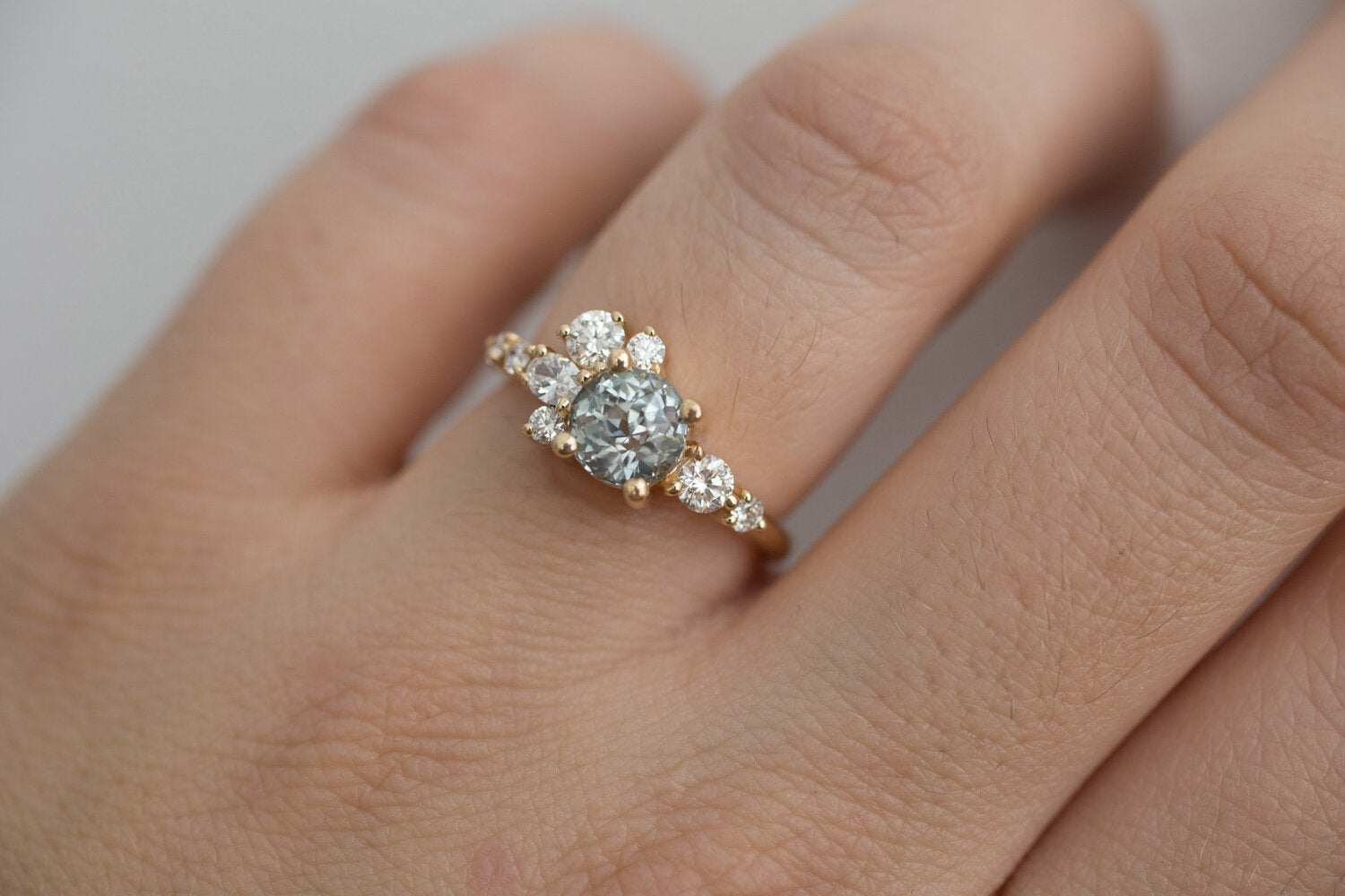 Ilia Ring | Blue Green Round Sapphire + Diamond Cluster Engagement Ring | 14k Recycled Gold | One of a Kind