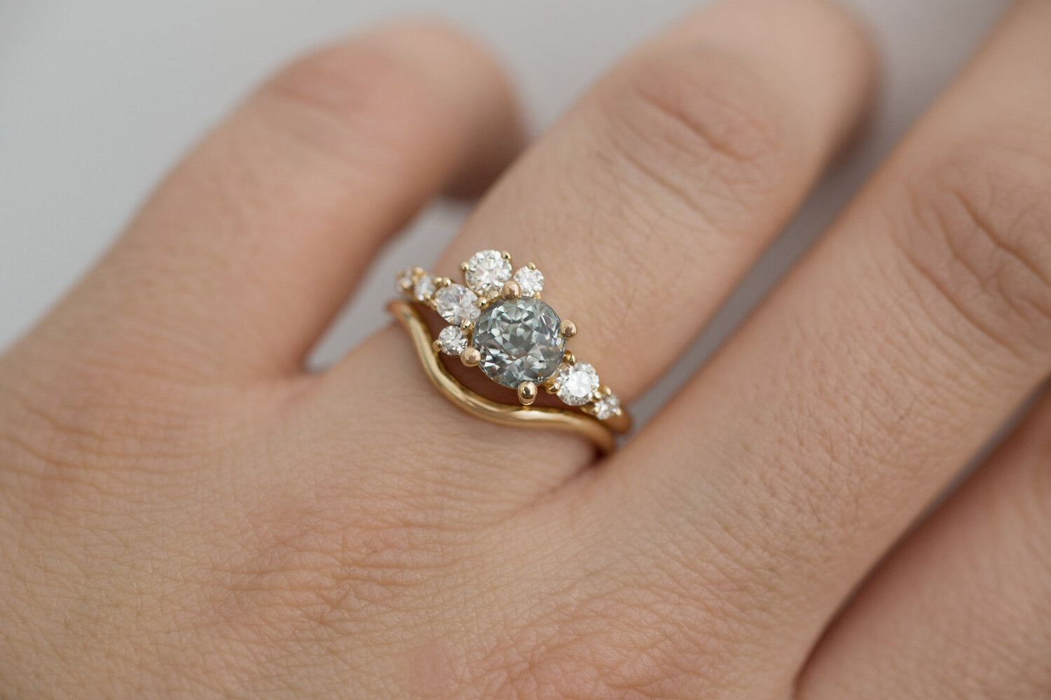 Ilia Ring | Blue Green Round Sapphire + Diamond Cluster Engagement Ring | 14k Recycled Gold | One of a Kind