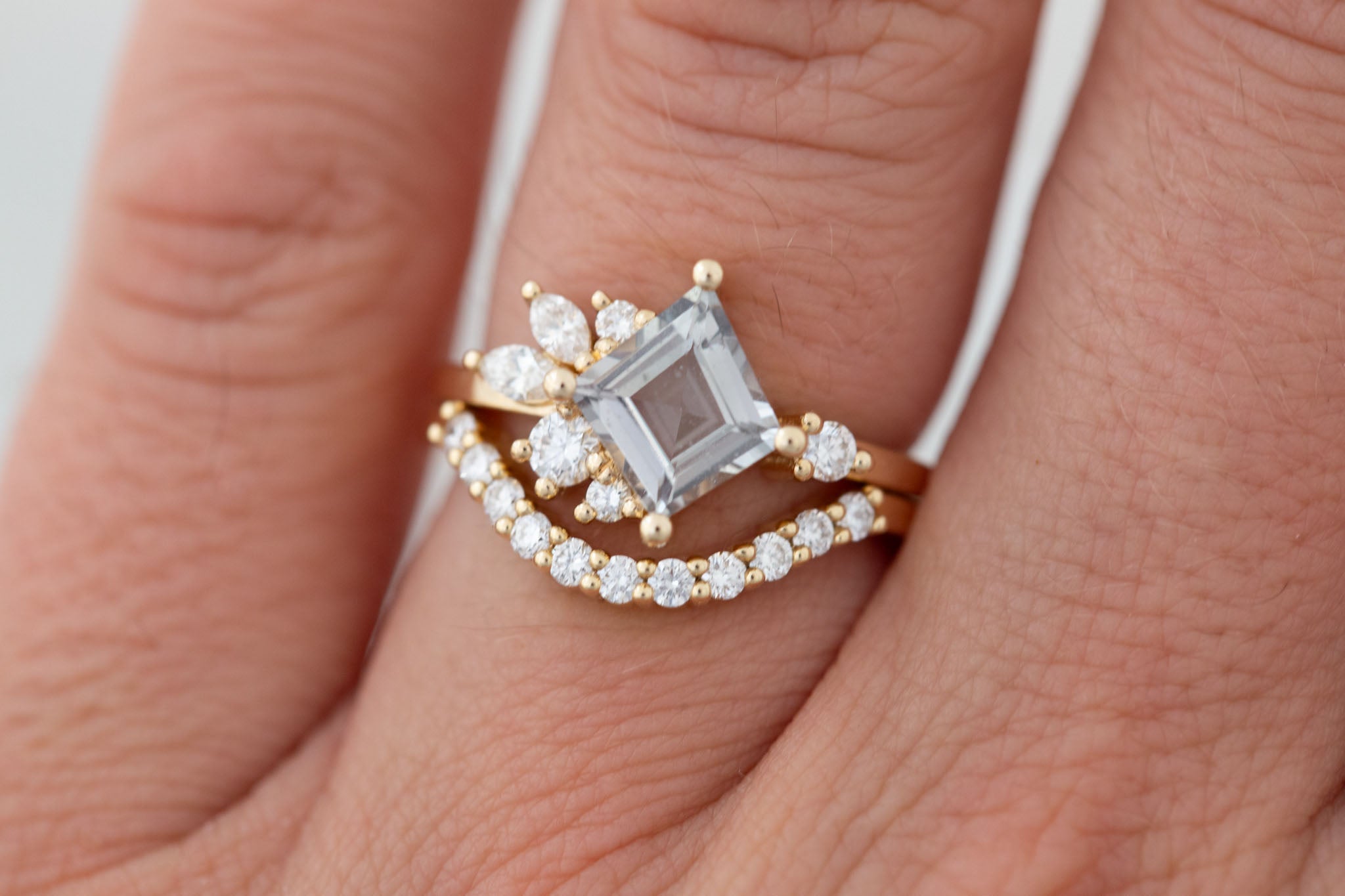 Alden Ring | Gray Sapphire Rhombus + Diamond Cluster Engagement Ring 1.52 ct | 14k Recycled Gold | One of a Kind