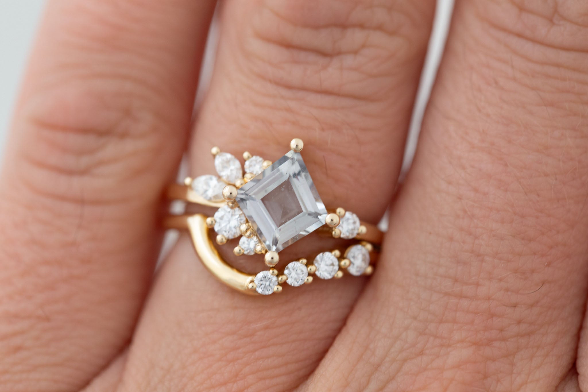 Alden Ring | Gray Sapphire Rhombus + Diamond Cluster Engagement Ring 1.52 ct | 14k Recycled Gold | One of a Kind