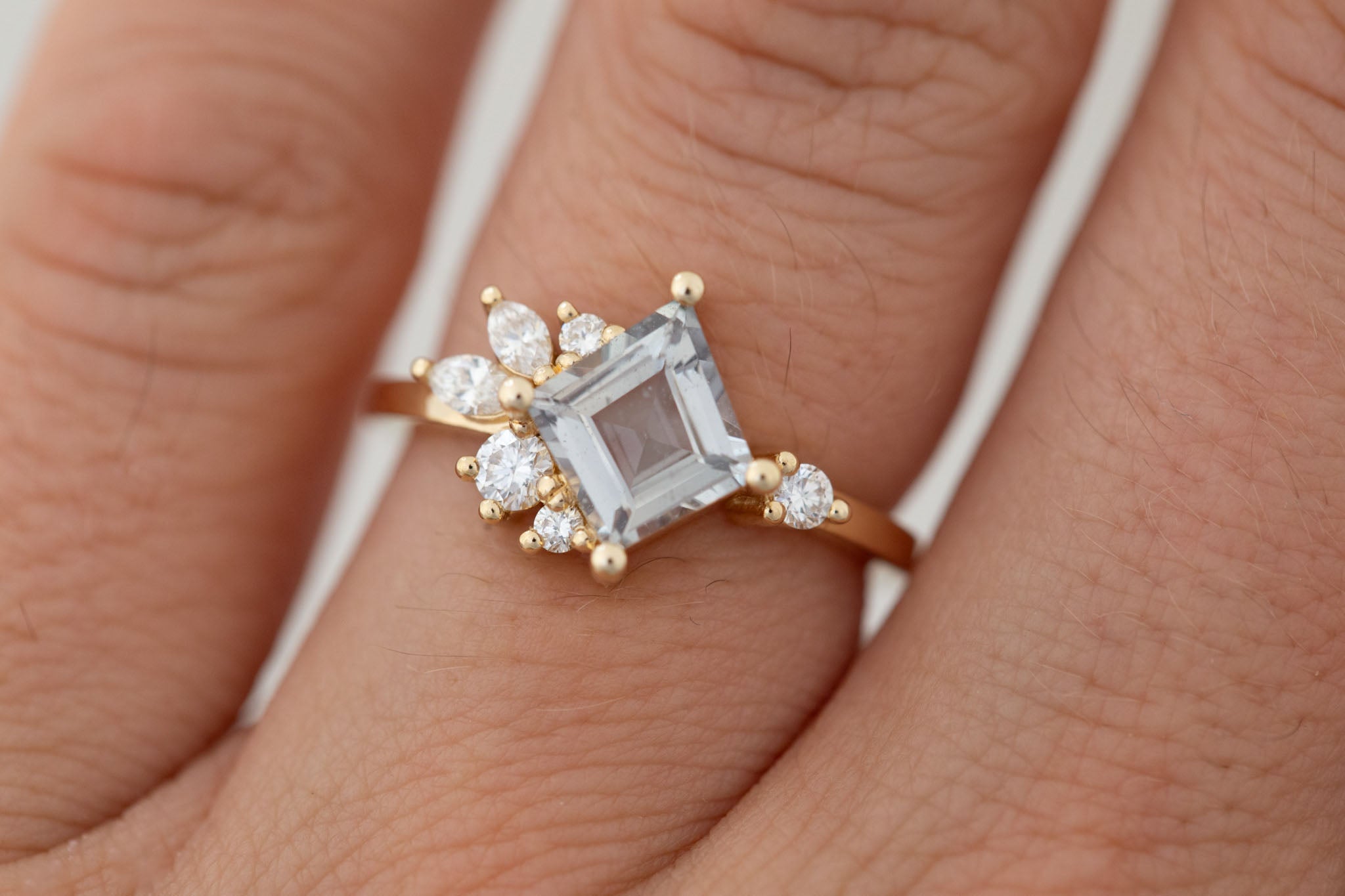 Alden Ring | Gray Sapphire Rhombus + Diamond Cluster Engagement Ring 1.52 ct | 14k Recycled Gold | One of a Kind