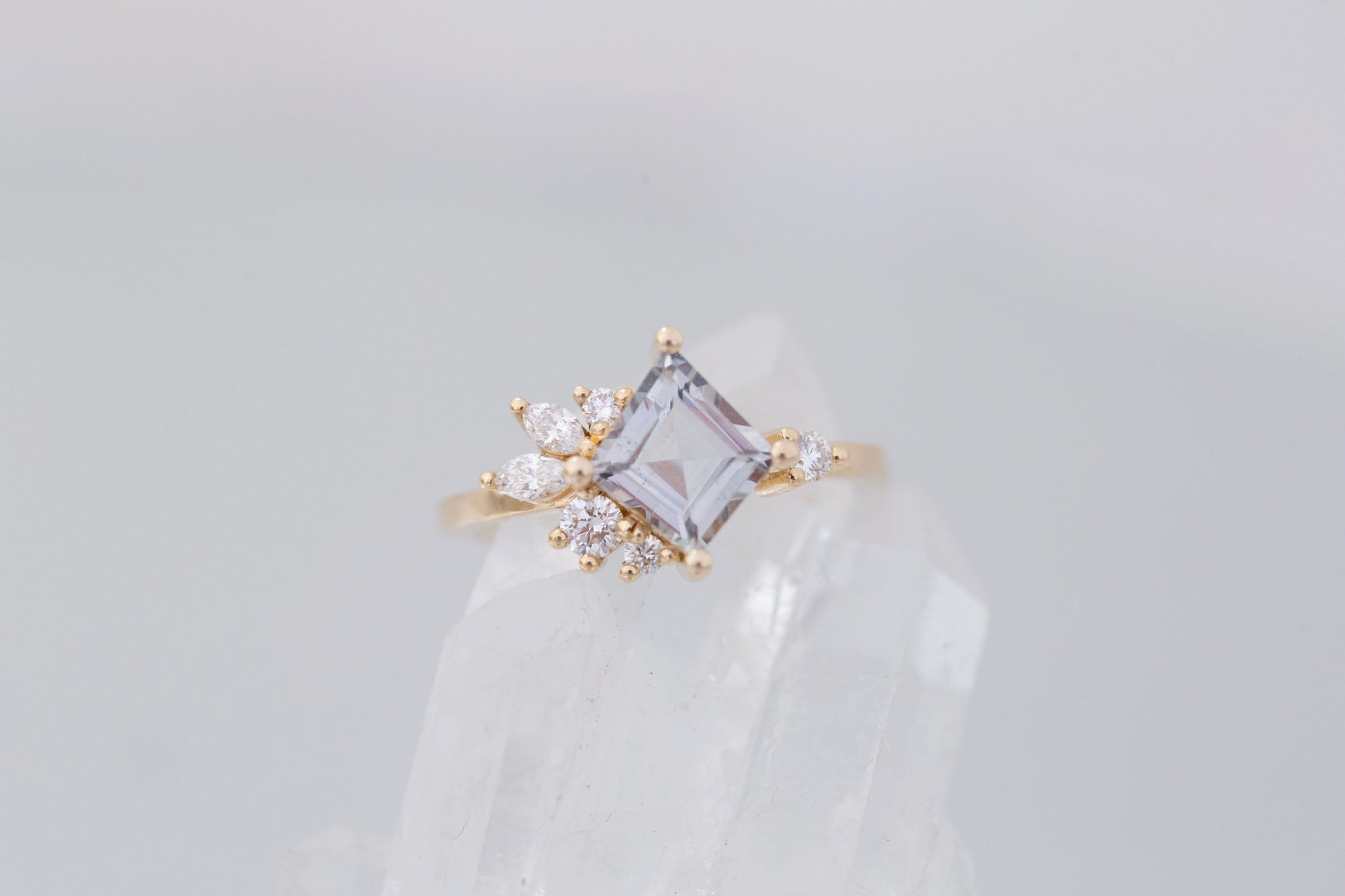 Alden Ring | Gray Sapphire Rhombus + Diamond Cluster Engagement Ring 1.52 ct | 14k Recycled Gold | One of a Kind