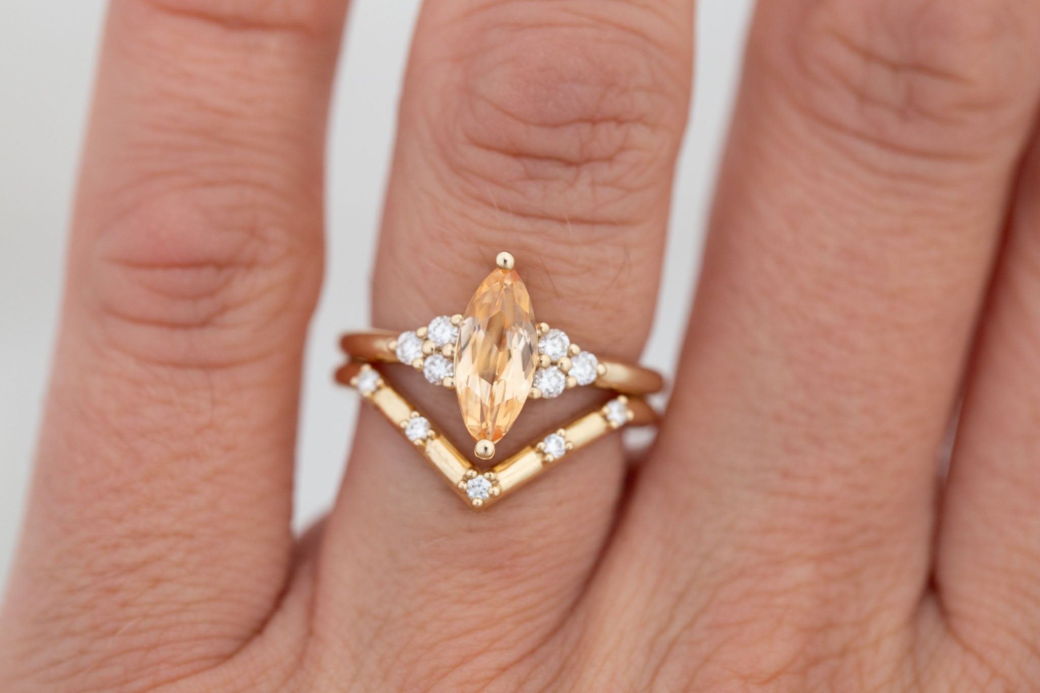 Verona Ring | Peach Marquise Sapphire + Round Diamond Accents Engagement Ring 1.52 ct | 14k Recycled Gold | One of a Kind
