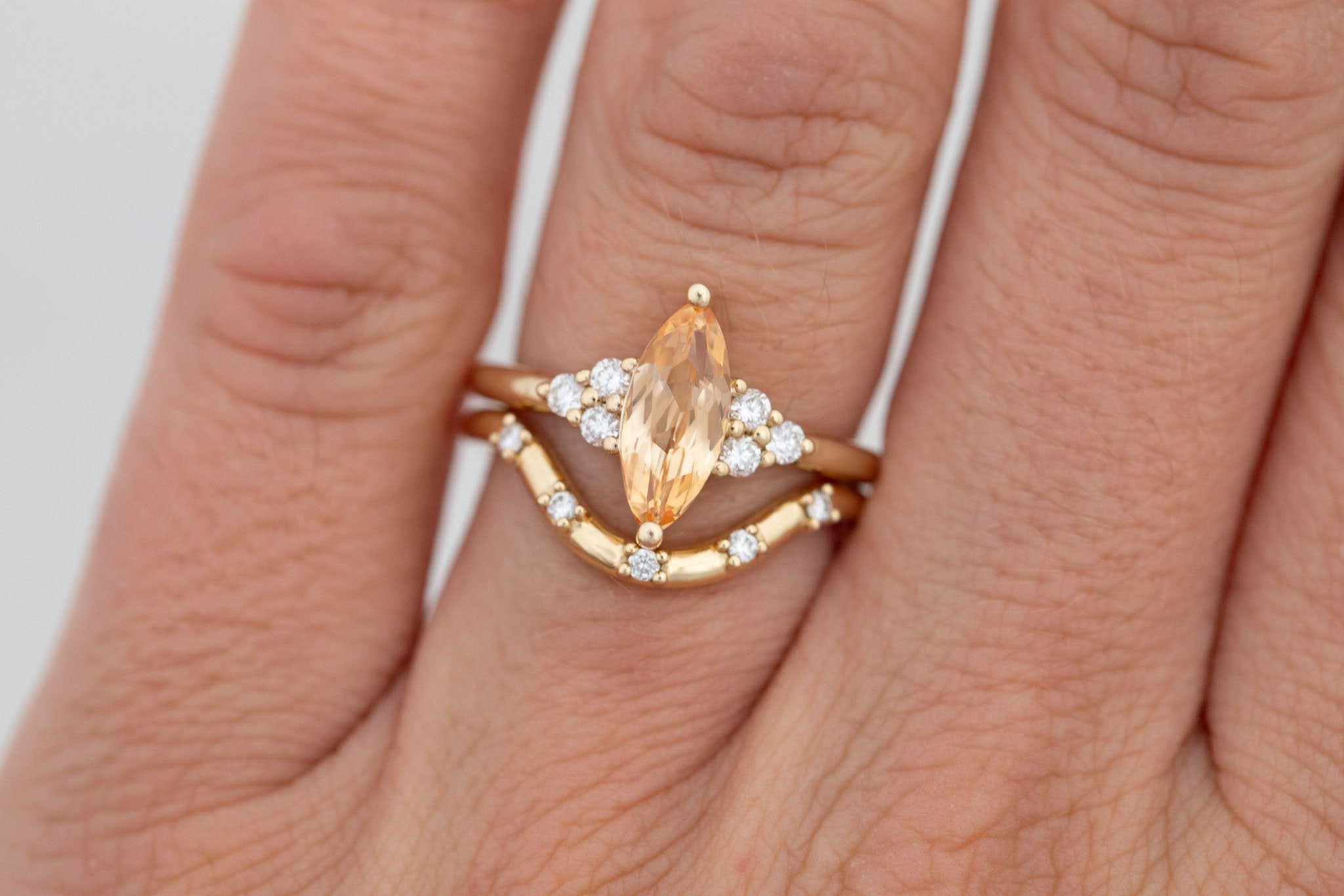 Verona Ring | Peach Marquise Sapphire + Round Diamond Accents Engagement Ring 1.52 ct | 14k Recycled Gold | One of a Kind