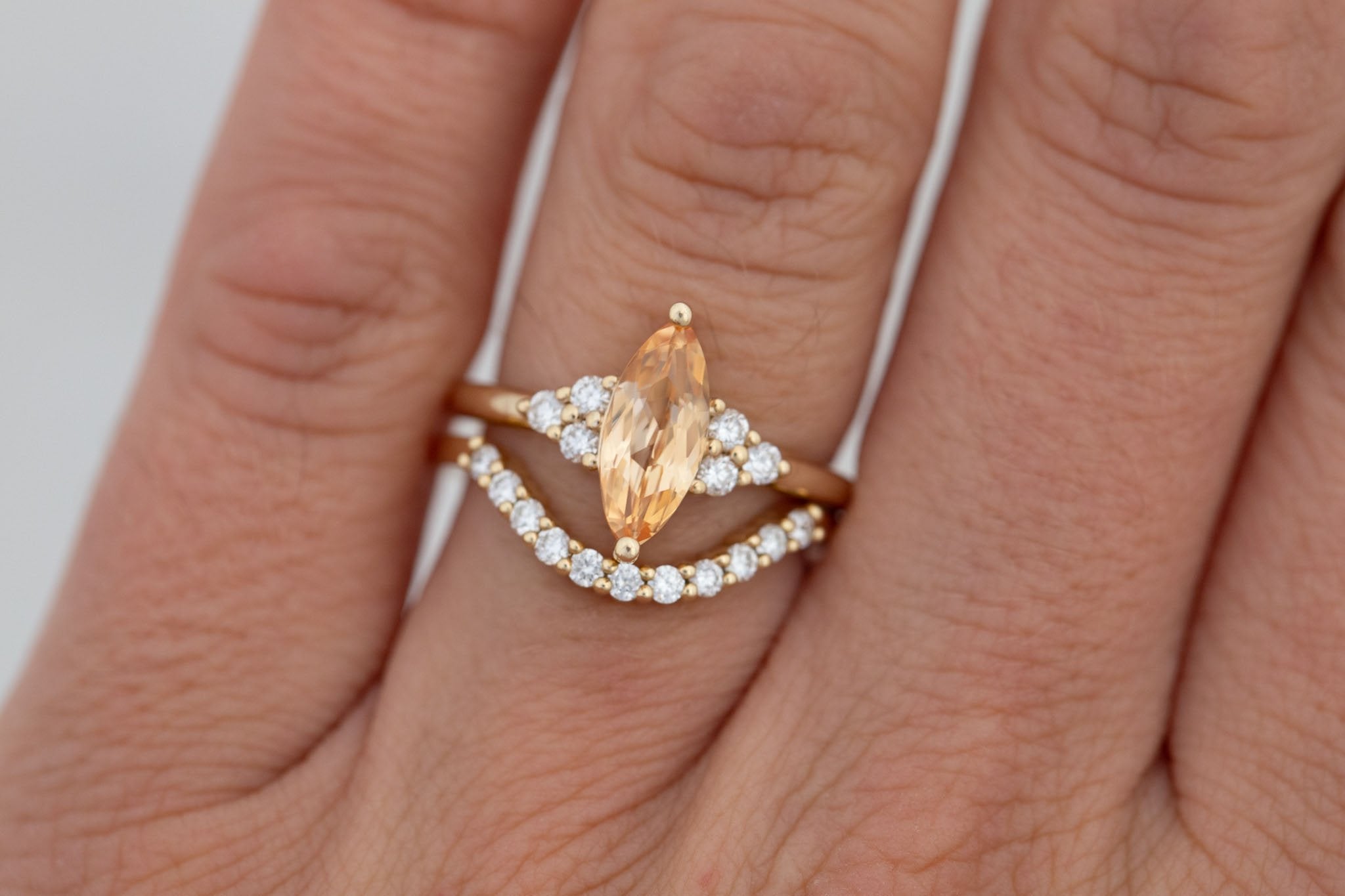 Verona Ring | Peach Marquise Sapphire + Round Diamond Accents Engagement Ring 1.52 ct | 14k Recycled Gold | One of a Kind