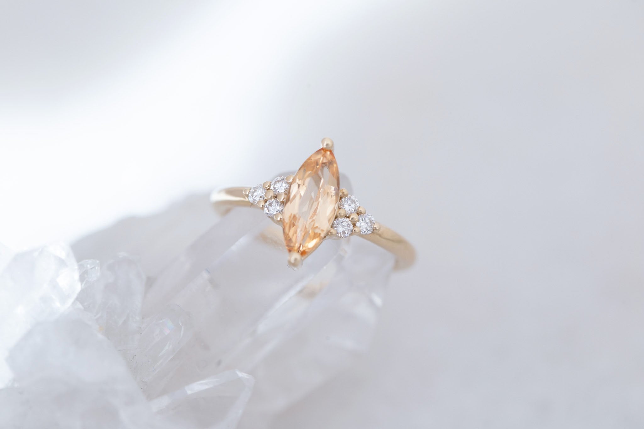 Verona Ring | Peach Marquise Sapphire + Round Diamond Accents Engagement Ring 1.52 ct | 14k Recycled Gold | One of a Kind