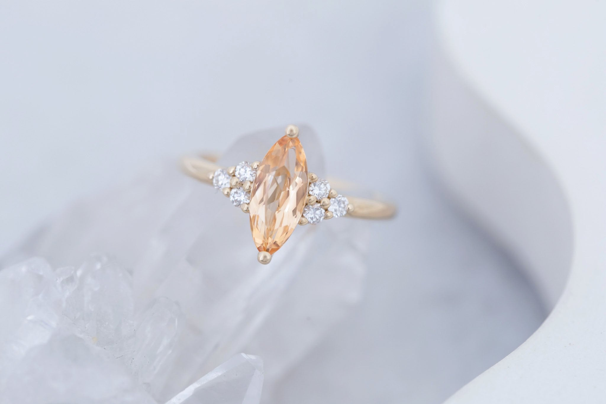 Verona Ring | Peach Marquise Sapphire + Round Diamond Accents Engagement Ring 1.52 ct | 14k Recycled Gold | One of a Kind