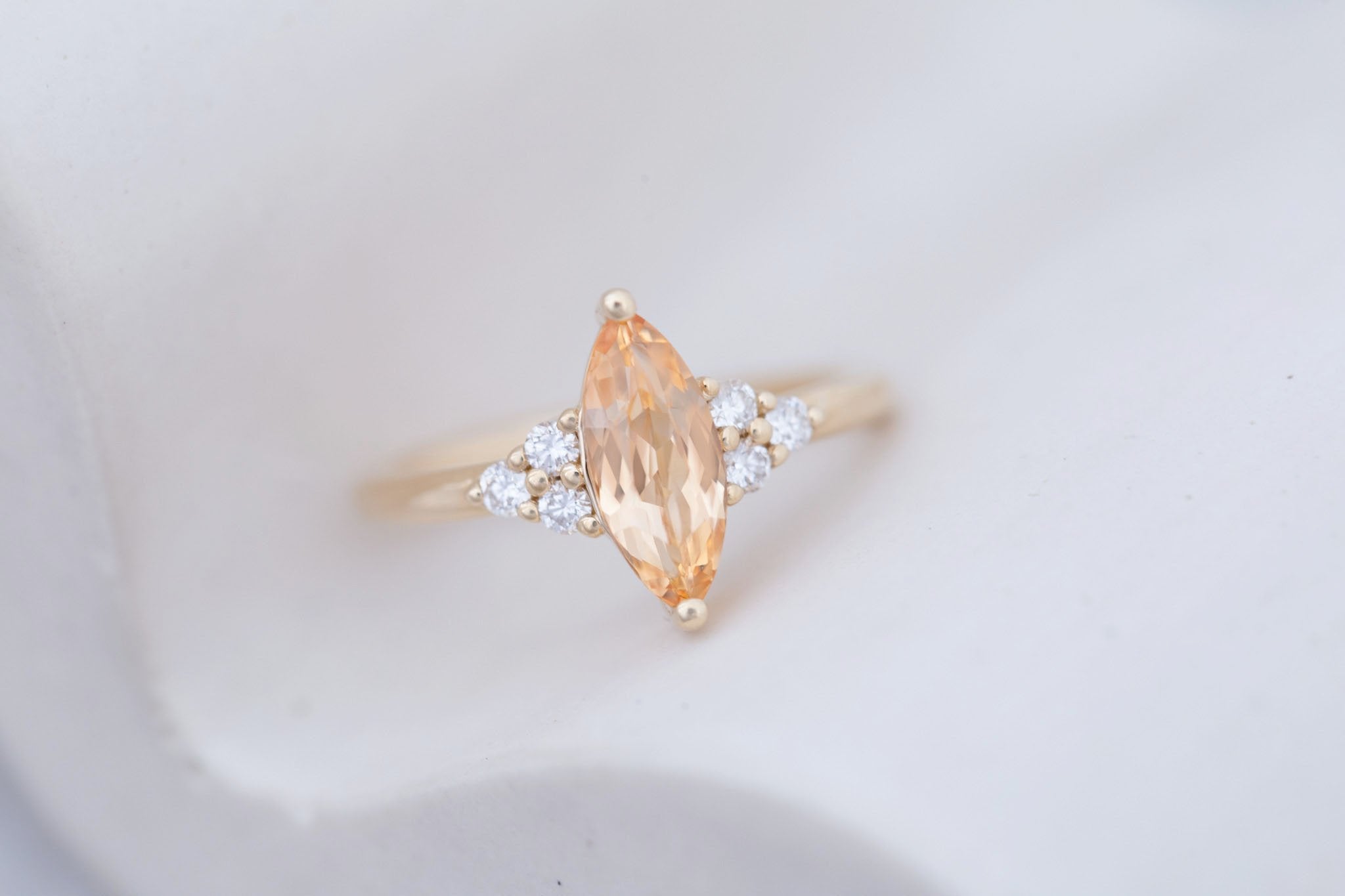 Verona Ring | Peach Marquise Sapphire + Round Diamond Accents Engagement Ring 1.52 ct | 14k Recycled Gold | One of a Kind