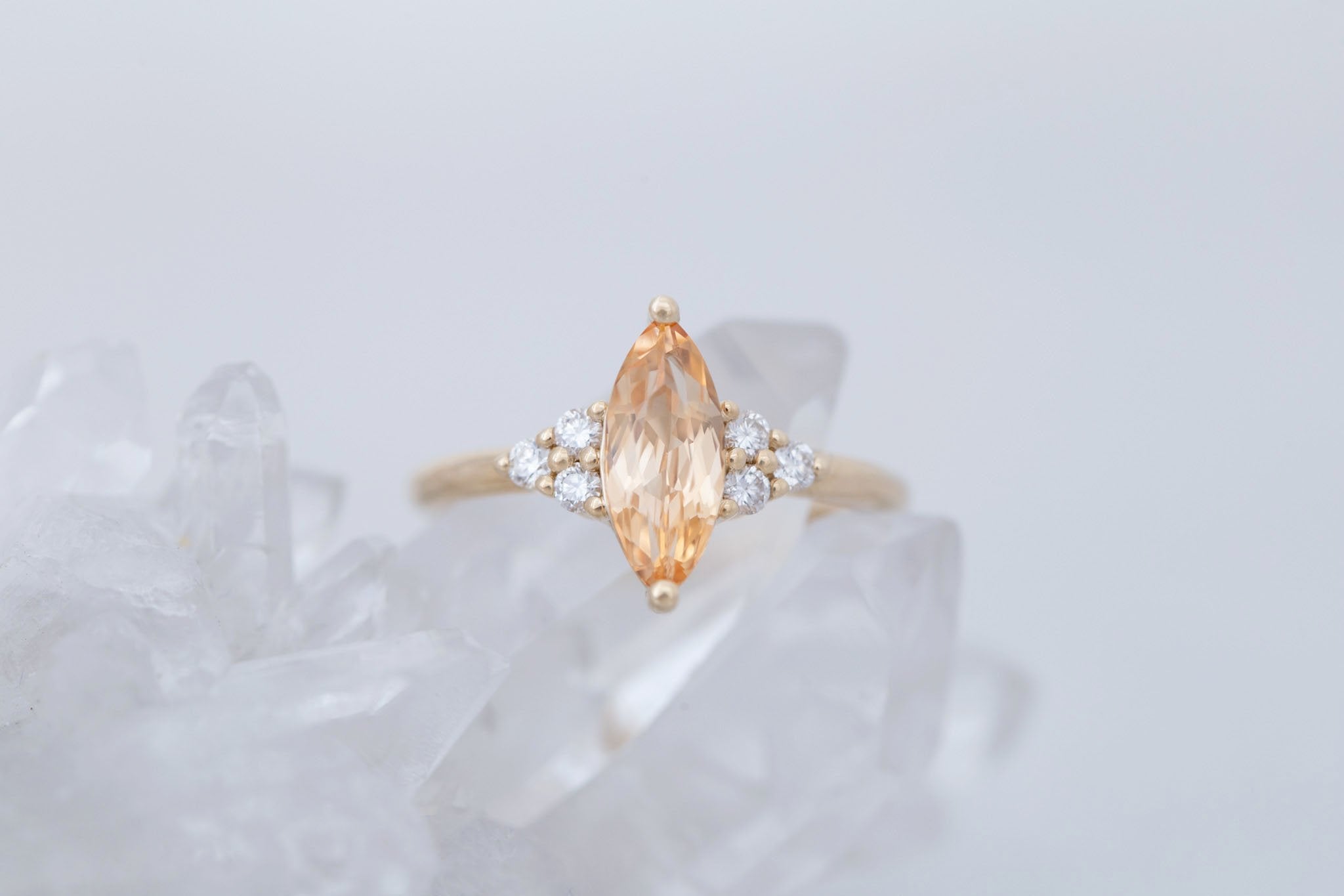 Verona Ring | Peach Marquise Sapphire + Round Diamond Accents Engagement Ring 1.52 ct | 14k Recycled Gold | One of a Kind