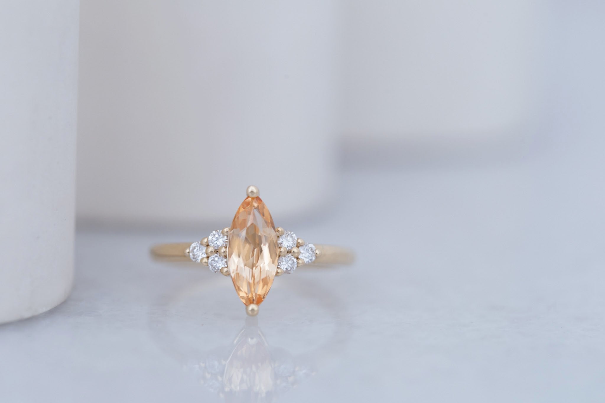 Verona Ring | Peach Marquise Sapphire + Round Diamond Accents Engagement Ring 1.52 ct | 14k Recycled Gold | One of a Kind