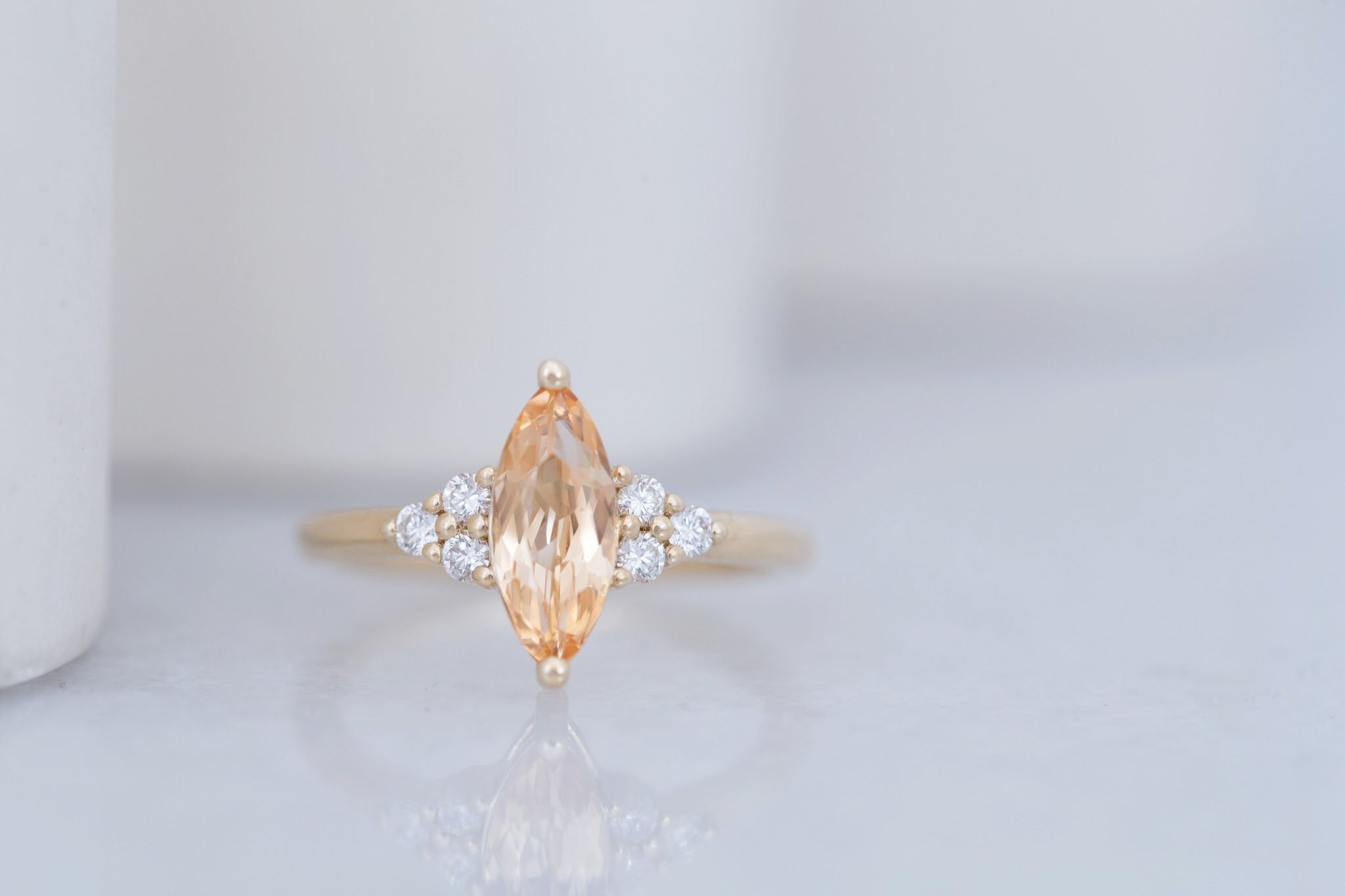 Verona Ring | Peach Marquise Sapphire + Round Diamond Accents Engagement Ring 1.52 ct | 14k Recycled Gold | One of a Kind