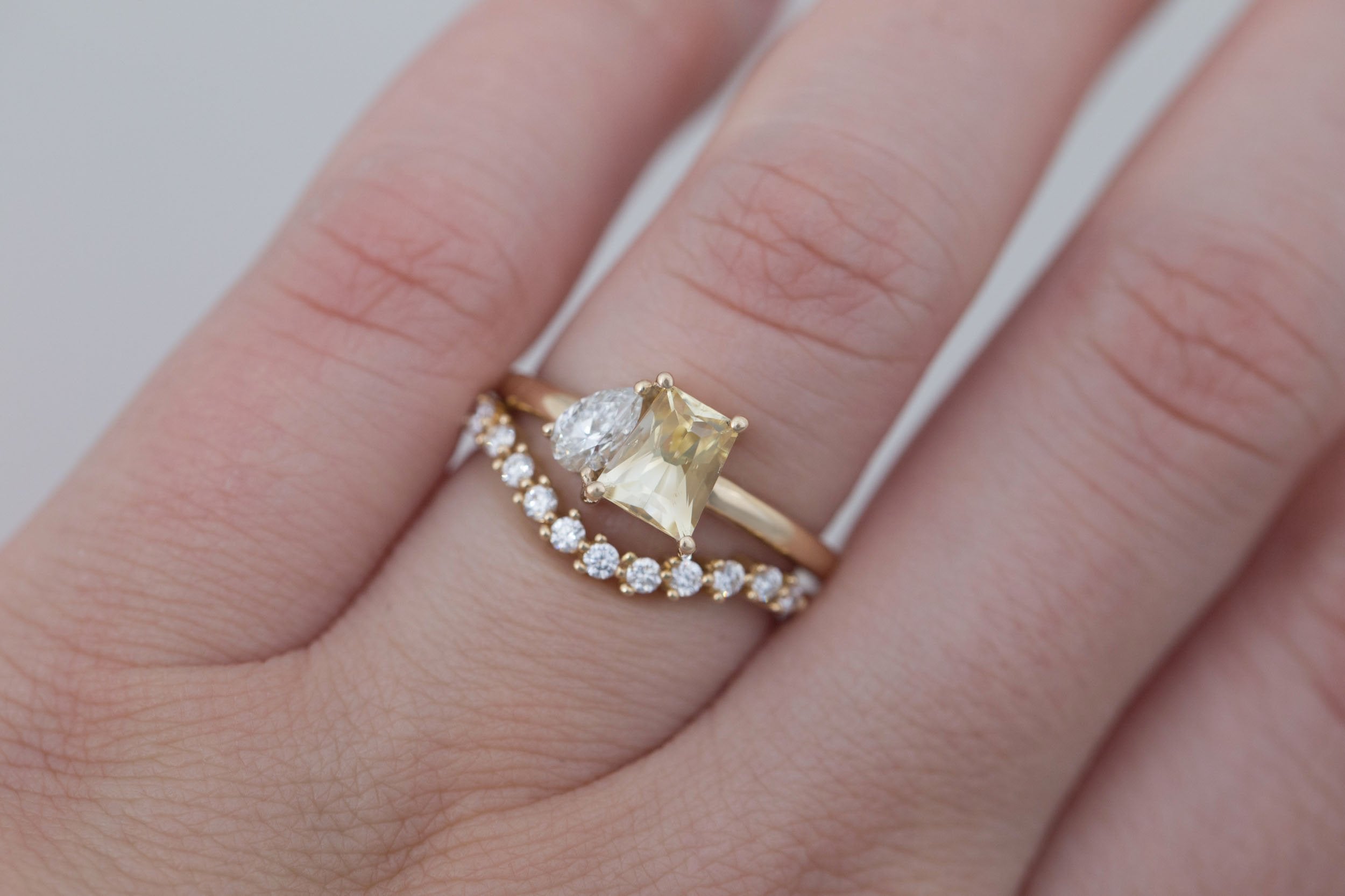 Liana Ring | Yellow Trapezoid Sapphire 1.52 ct + Pear Diamond Engagement Ring 0.28 ct | 14k Recycled Gold | One of a Kind