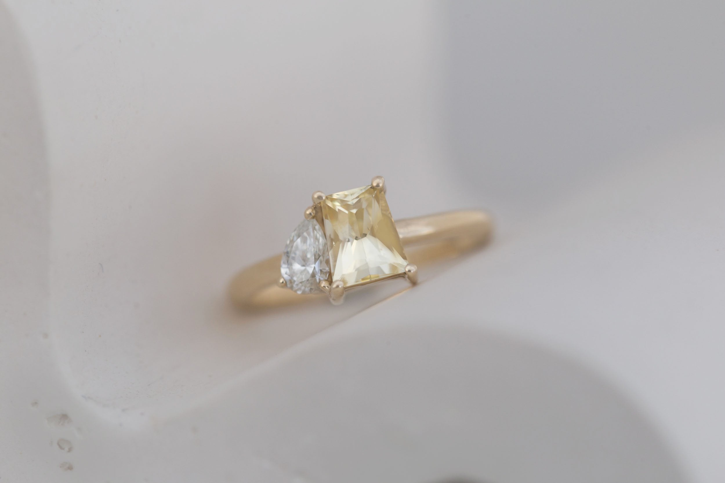 Liana Ring | Yellow Trapezoid Sapphire 1.52 ct + Pear Diamond Engagement Ring 0.28 ct | 14k Recycled Gold | One of a Kind