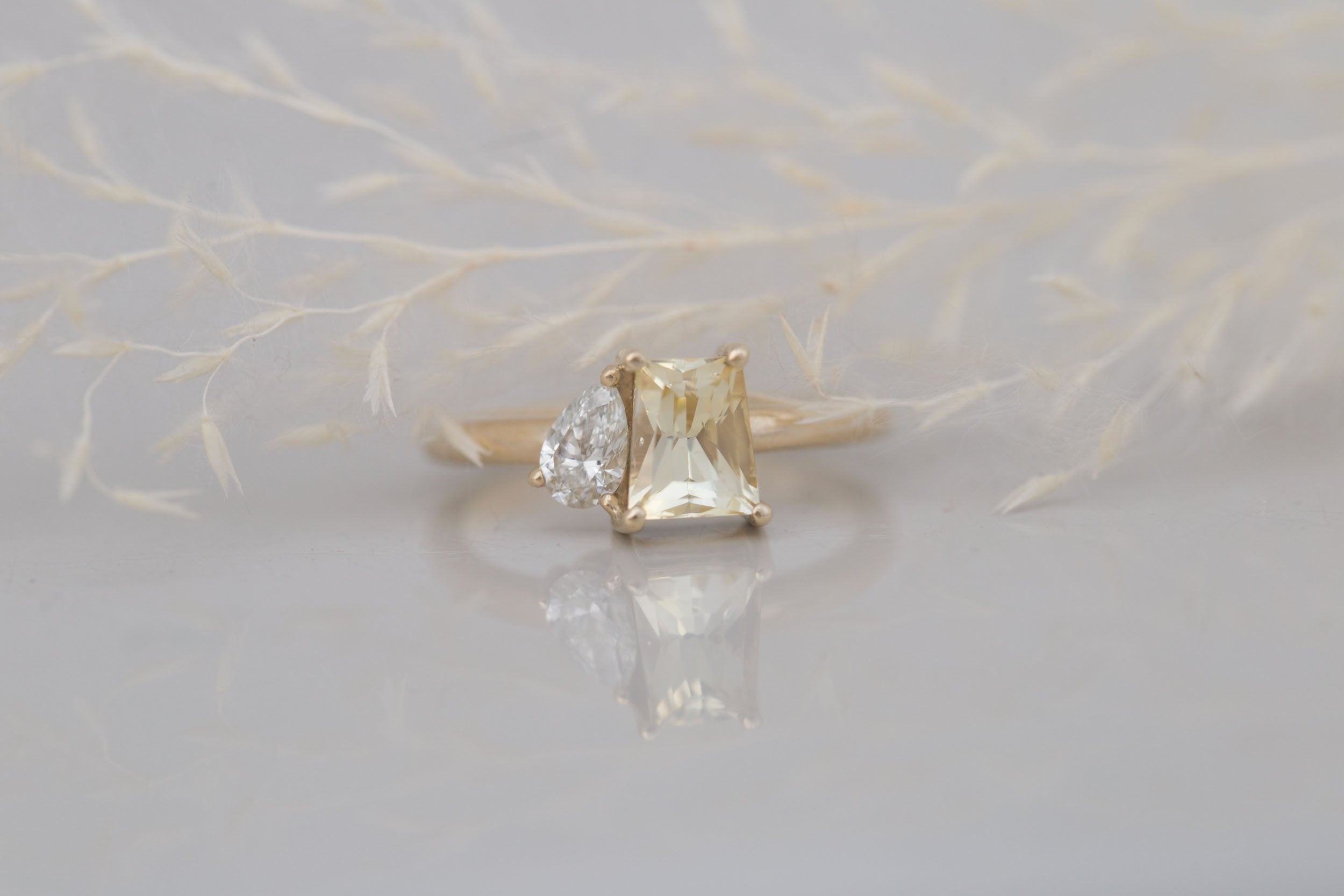 Liana Ring | Yellow Trapezoid Sapphire 1.52 ct + Pear Diamond Engagement Ring 0.28 ct | 14k Recycled Gold | One of a Kind