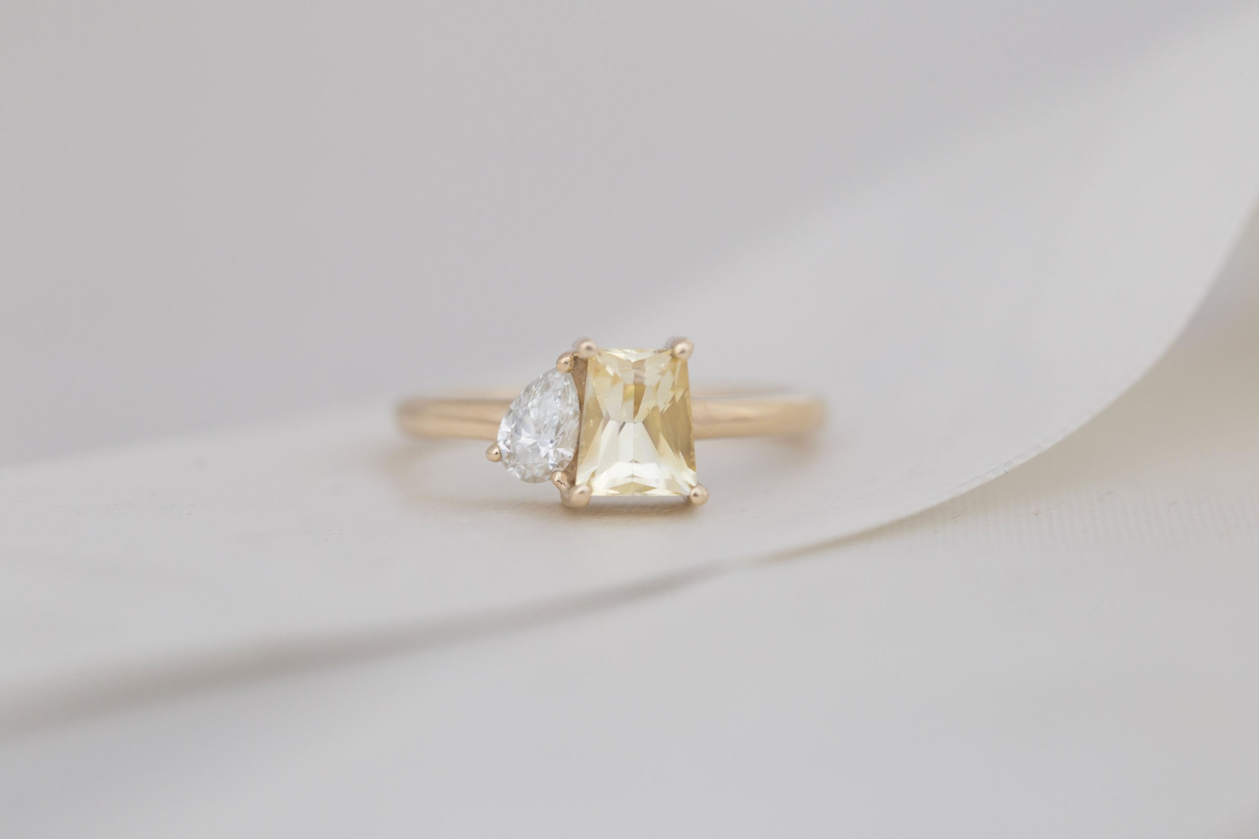 Liana Ring | Yellow Trapezoid Sapphire 1.52 ct + Pear Diamond Engagement Ring 0.28 ct | 14k Recycled Gold | One of a Kind