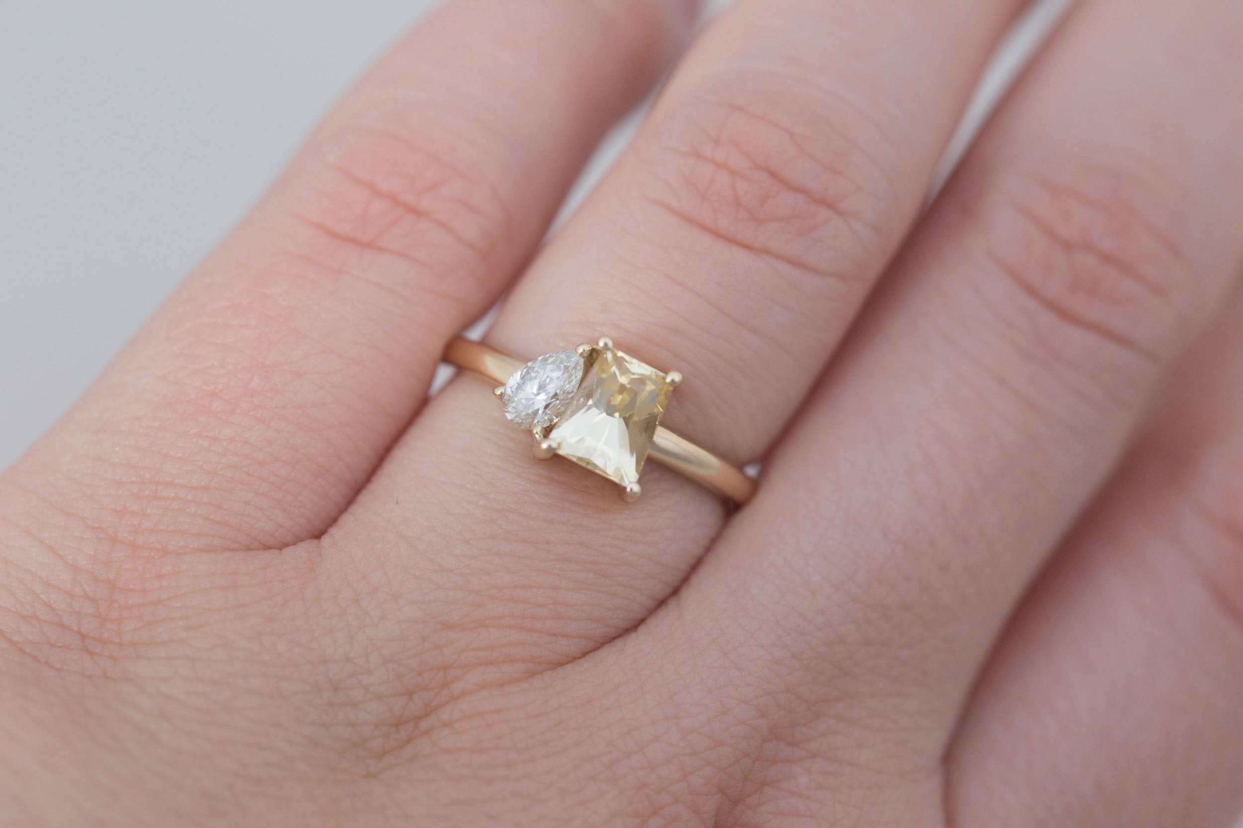 Liana Ring | Yellow Trapezoid Sapphire 1.52 ct + Pear Diamond Engagement Ring 0.28 ct | 14k Recycled Gold | One of a Kind